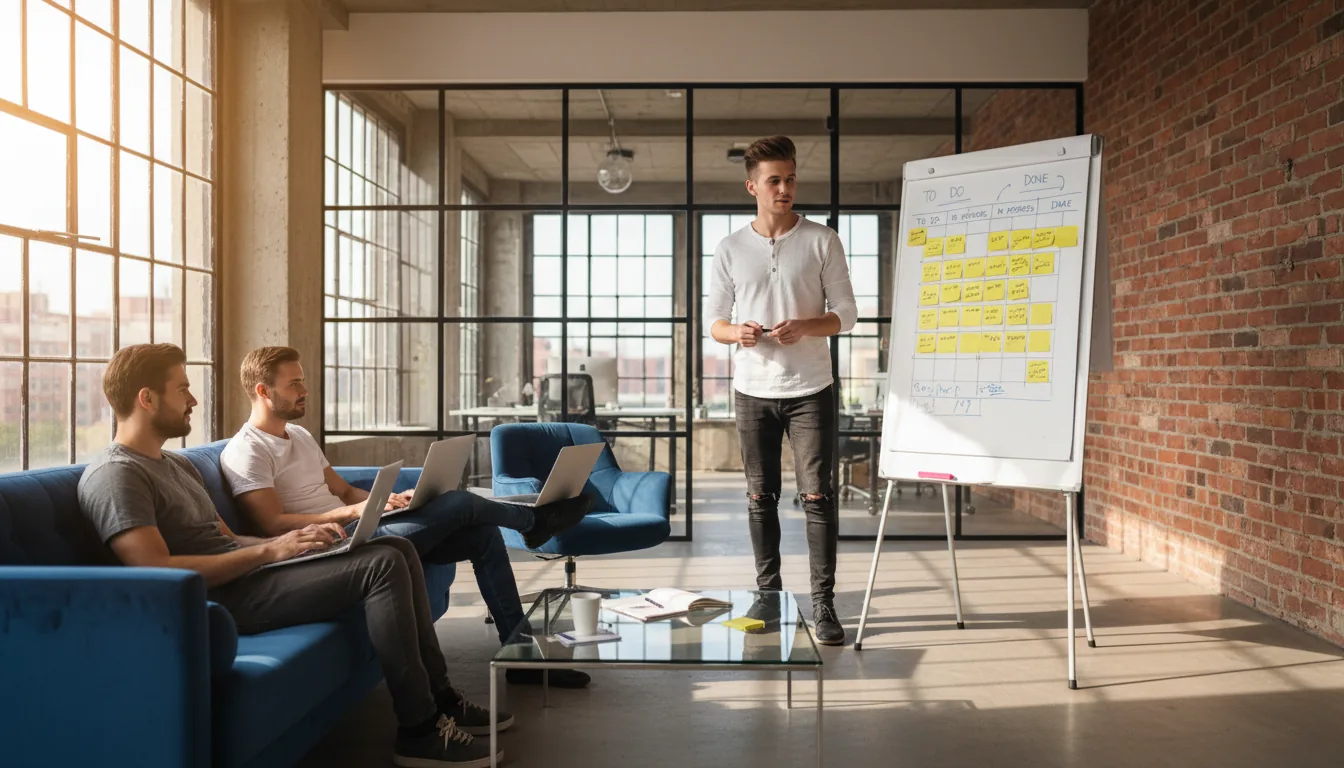 DSLR photograph of a startup team meeting in a modern industrial-style office. Bright, natural daylight streams in from large windows, illuminating the scene. A young man in a white henley shirt and dark jeans stands presenting, gesturing with a pen at a mobile whiteboard covered in yellow sticky notes and abstracted Kanban charts. Three male colleagues listen intently; one sits in a modern blue office chair with a laptop, and two are seated on a plush blue sofa, also with laptops. The space features a textured, exposed brick wall, glass partitions, and a reflective coffee table in the foreground. Sharp focus on the subjects, creating a collaborative and focused atmosphere.