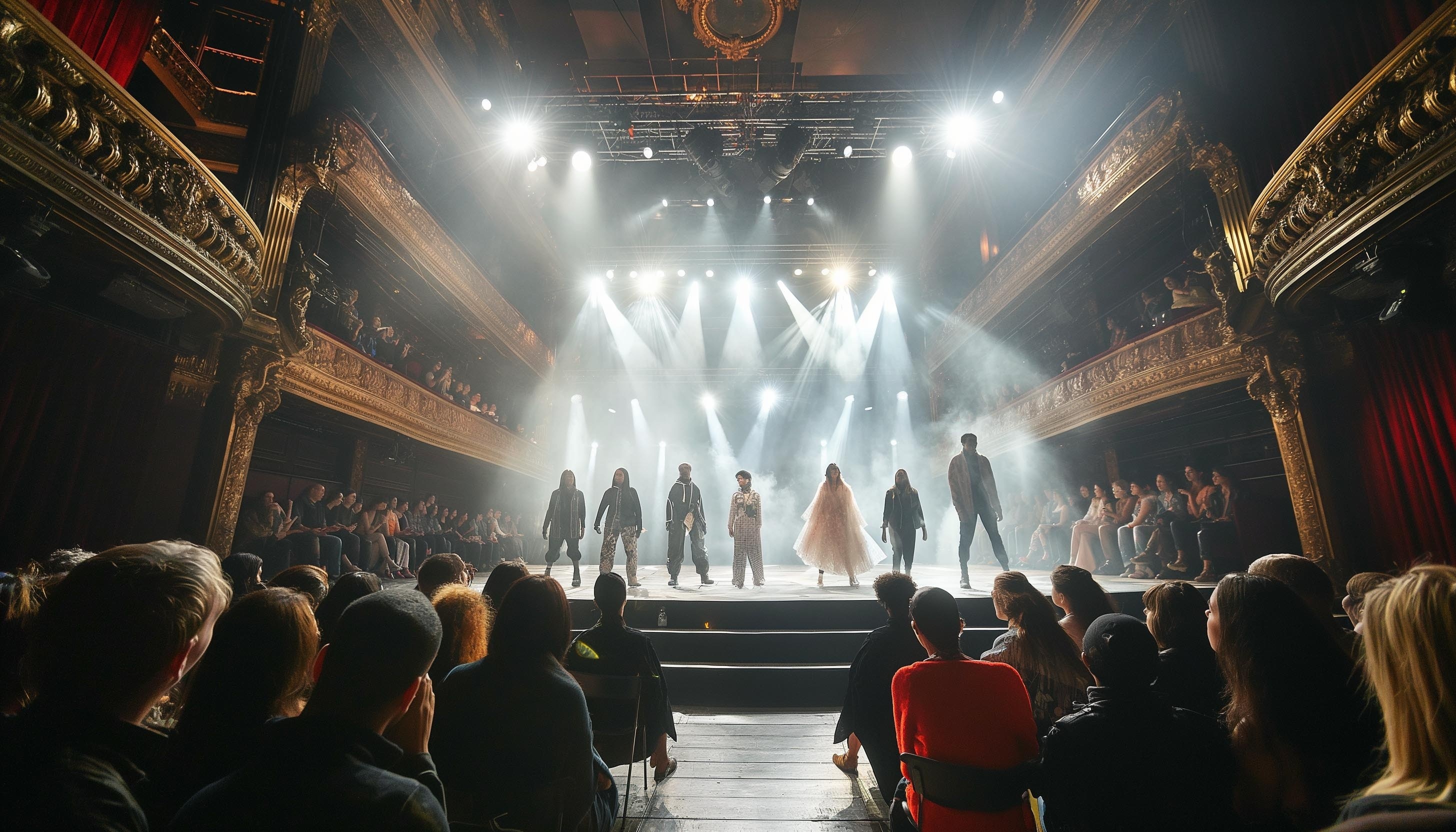Group of performers on stage under dramatic spotlights in a theatrical production setting, viewed from the audience."