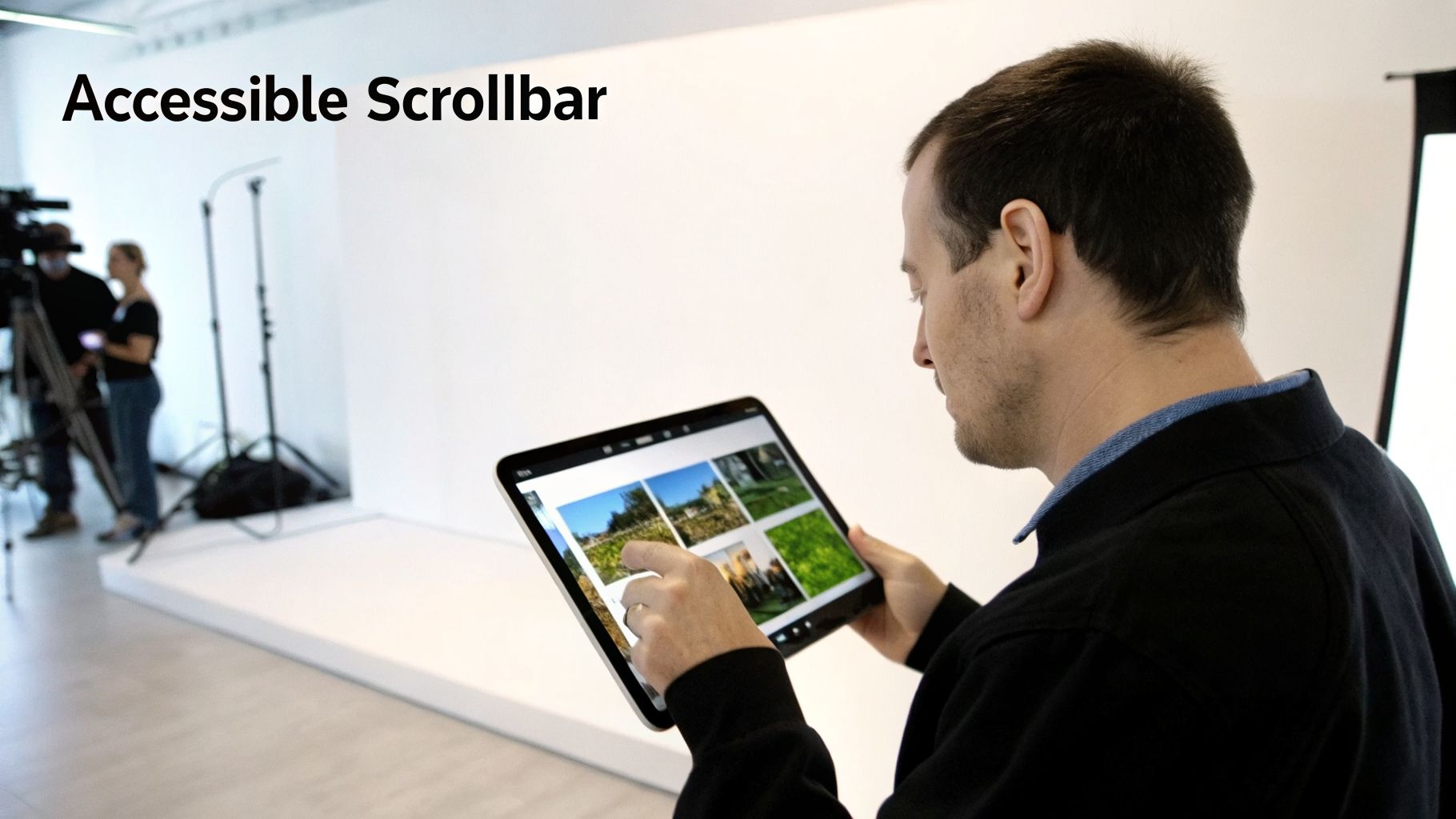A man uses a tablet to scroll through a grid of images, demonstrating an accessible scrollbar.