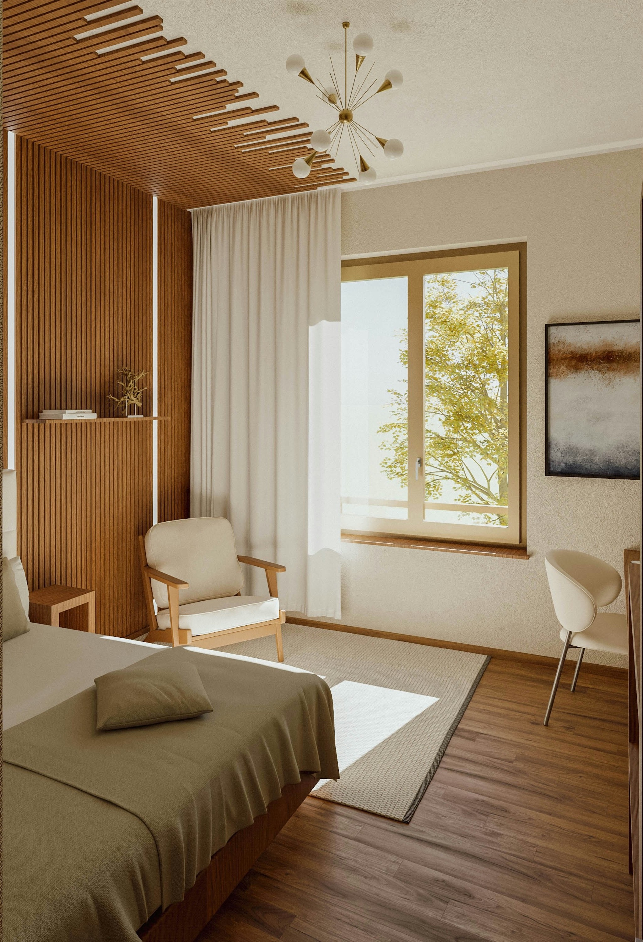 Modern bedroom with wooden accents and natural light.