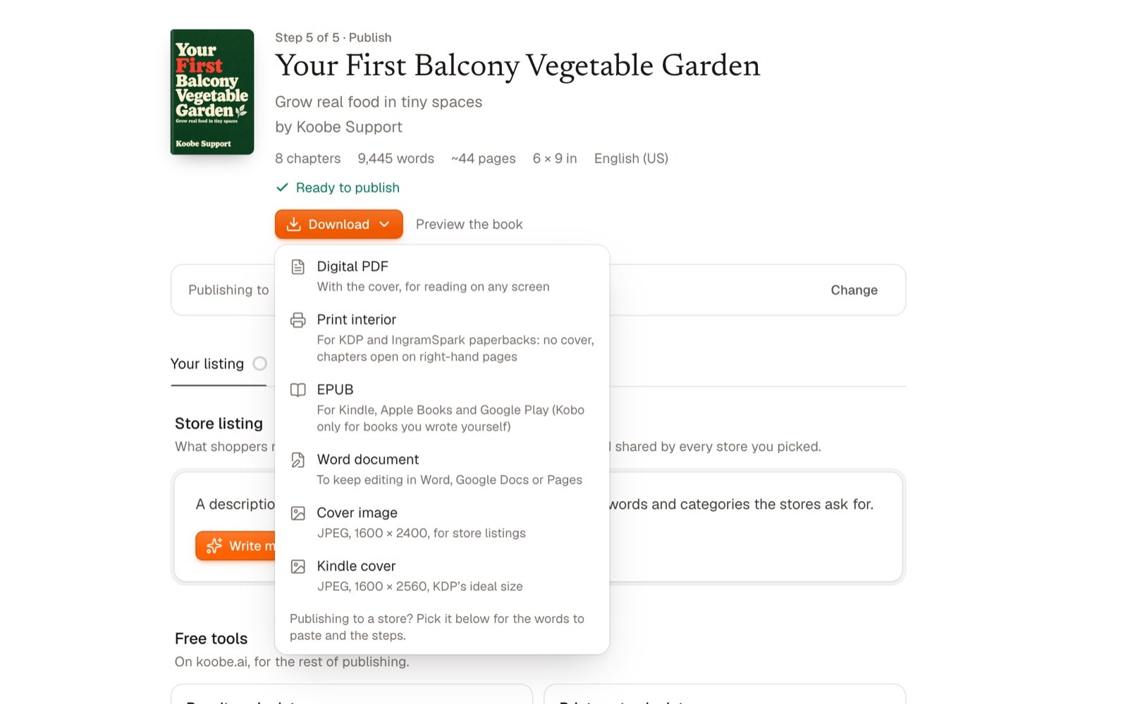 The Publish step for “Your First Balcony Vegetable Garden” with the Download menu open: Digital PDF, Print interior, EPUB, Word document (to keep editing in Word, Google Docs or Pages), Cover image and Kindle cover.