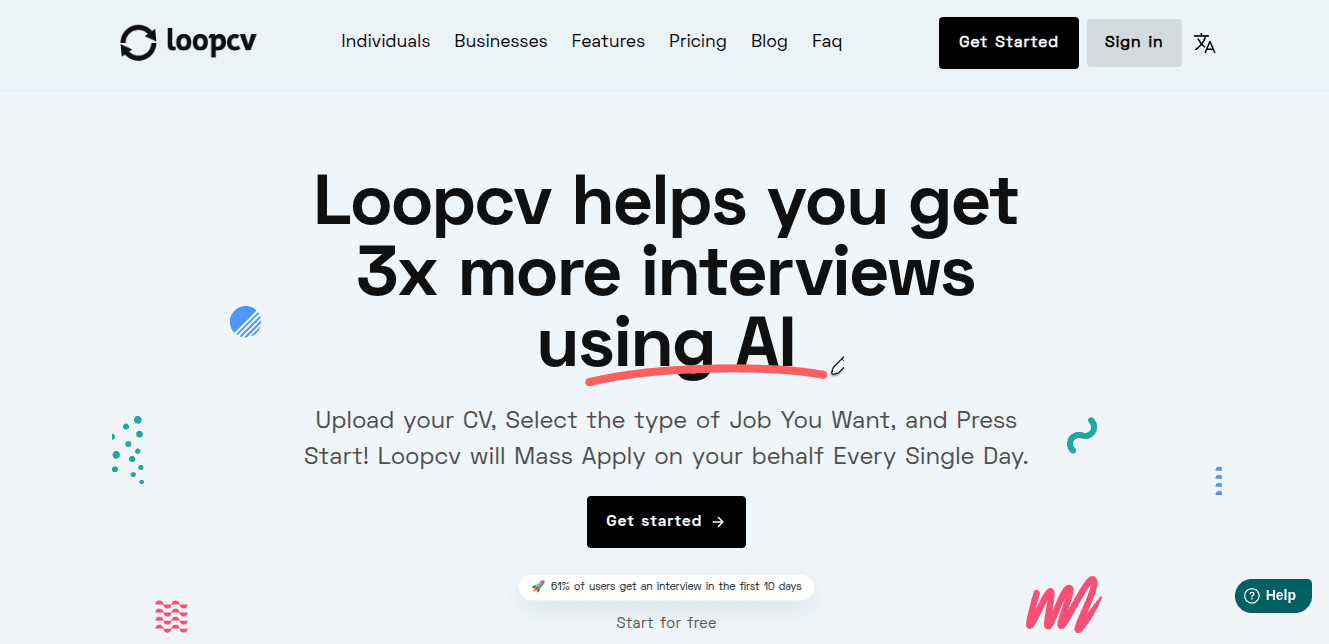 LoopCV homepage claiming 3x more interviews using AI mass apply