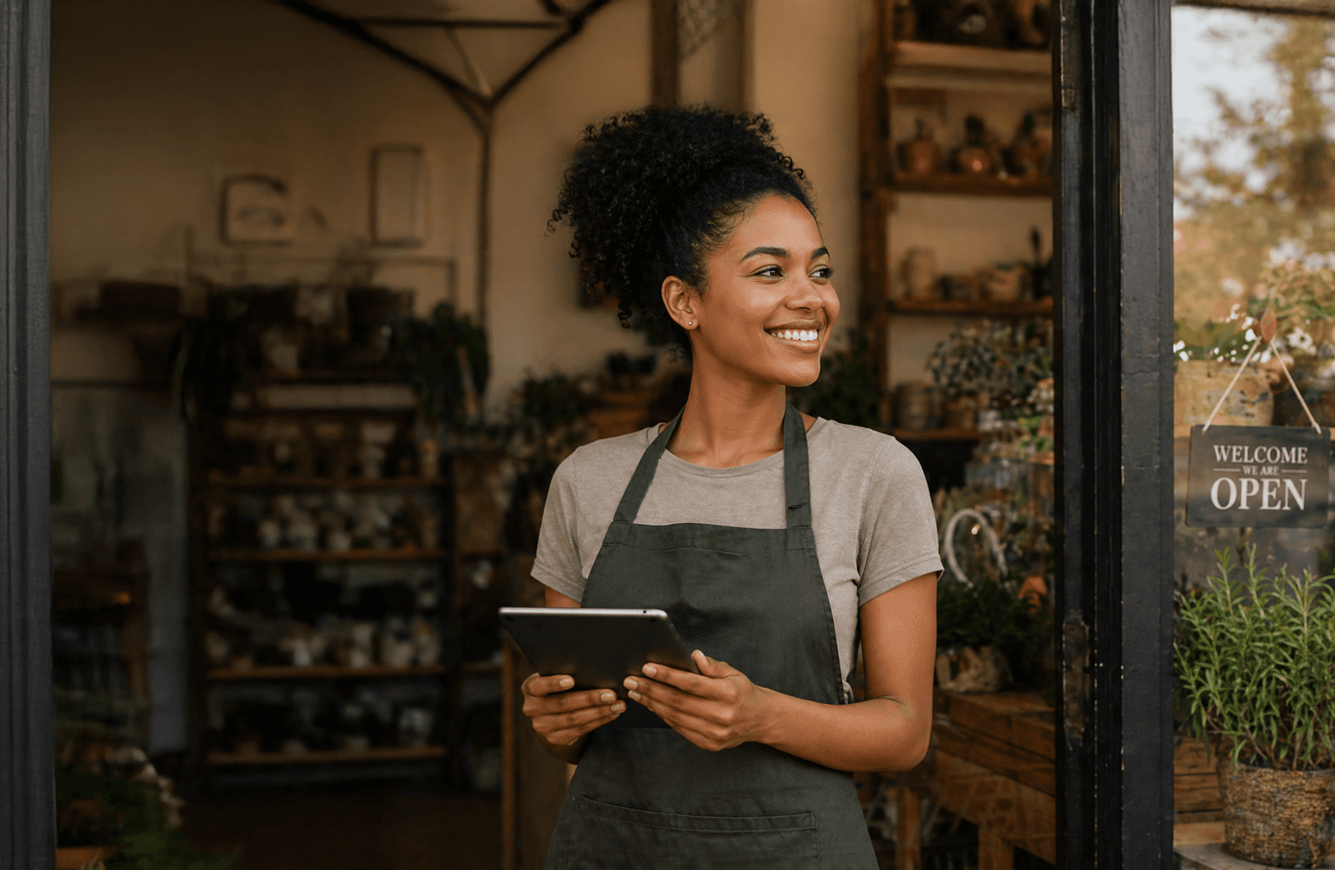 Woman smiling in front of her shop.