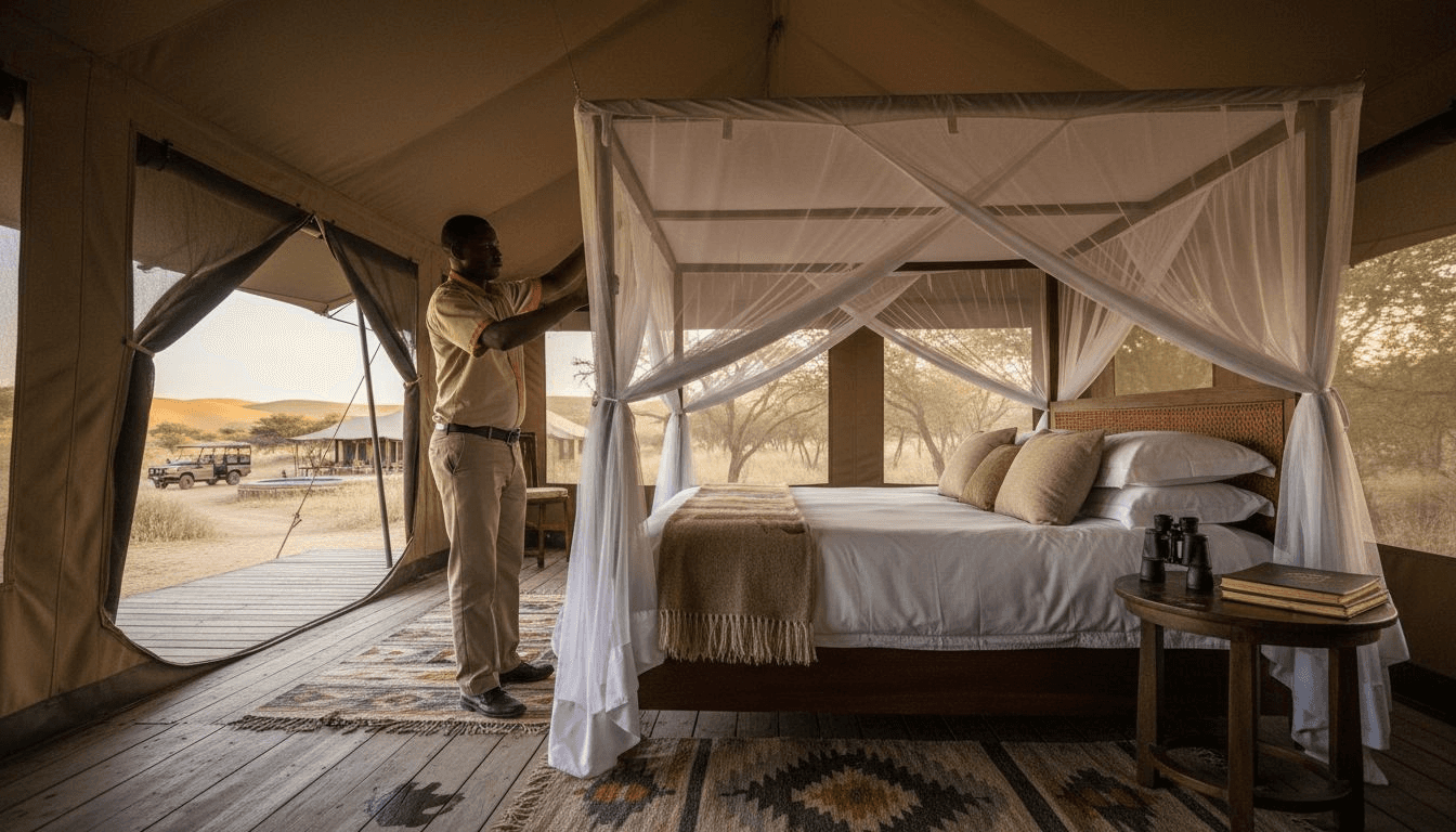 Staff arranging mosquito net in tented lodge