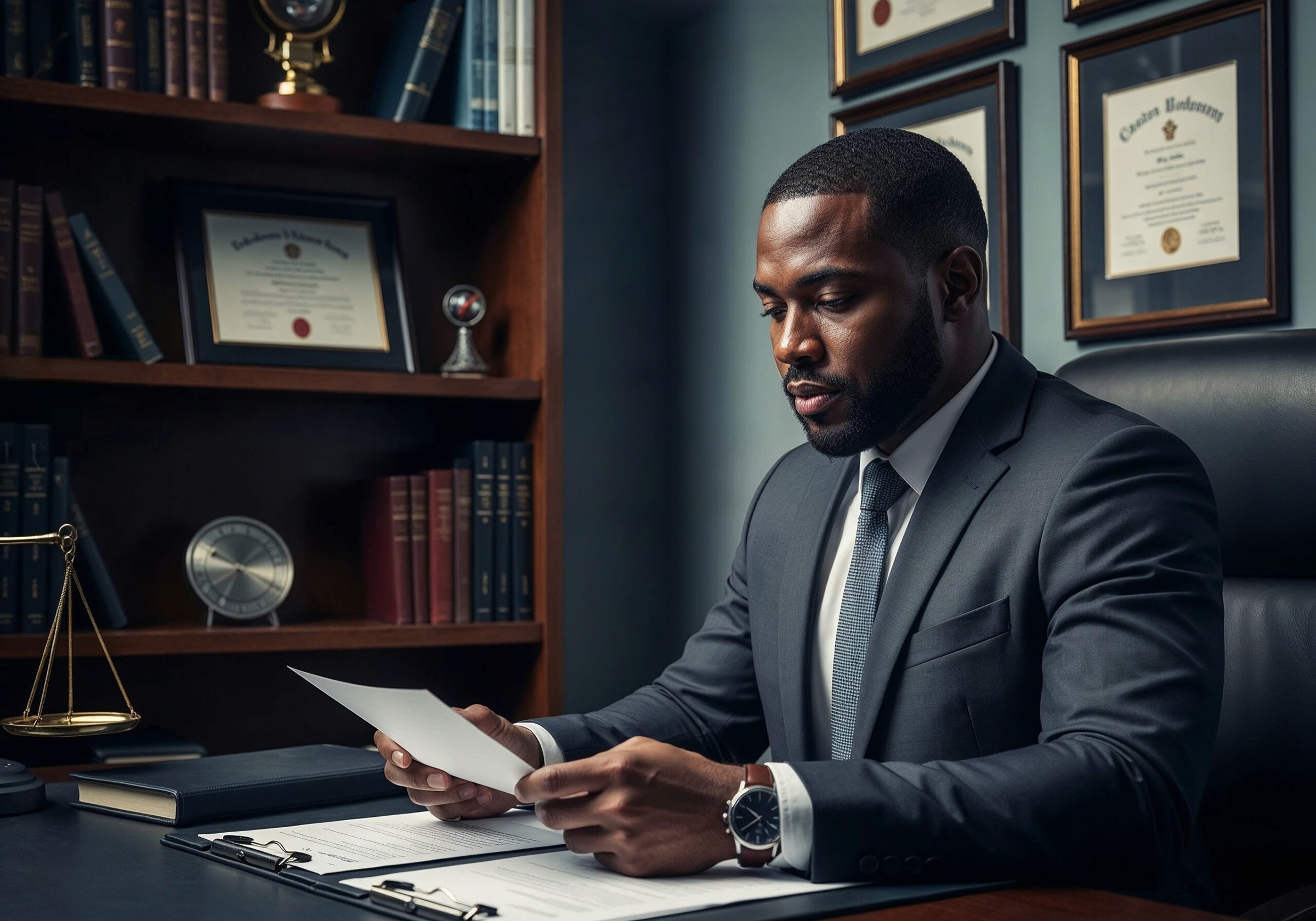 Black male lawyer in his office 