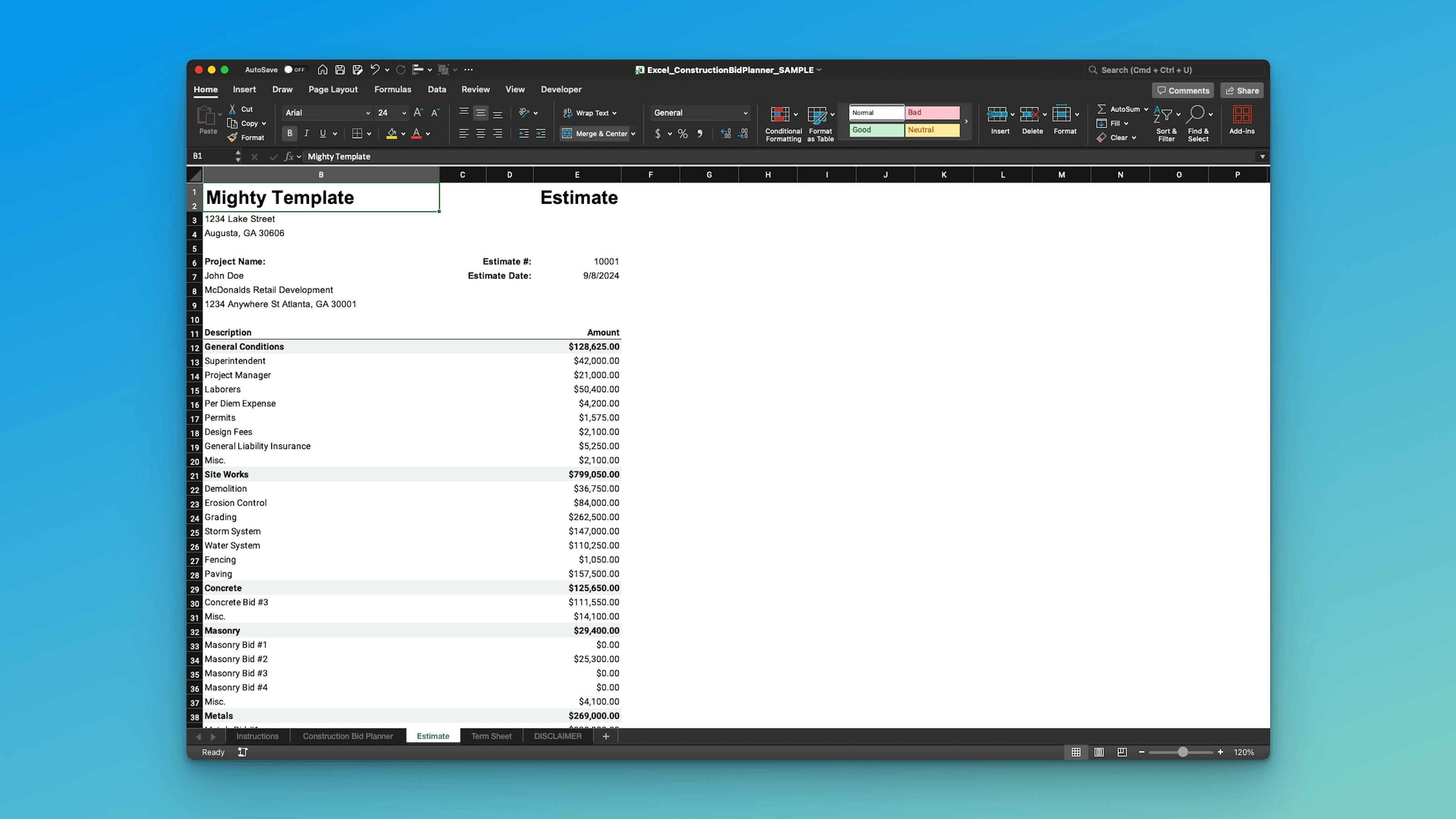 Excel construction estimate template in Mighty Template – comprehensive cost table showing general conditions, site works, concrete, masonry, metals subtotals, and final bid price