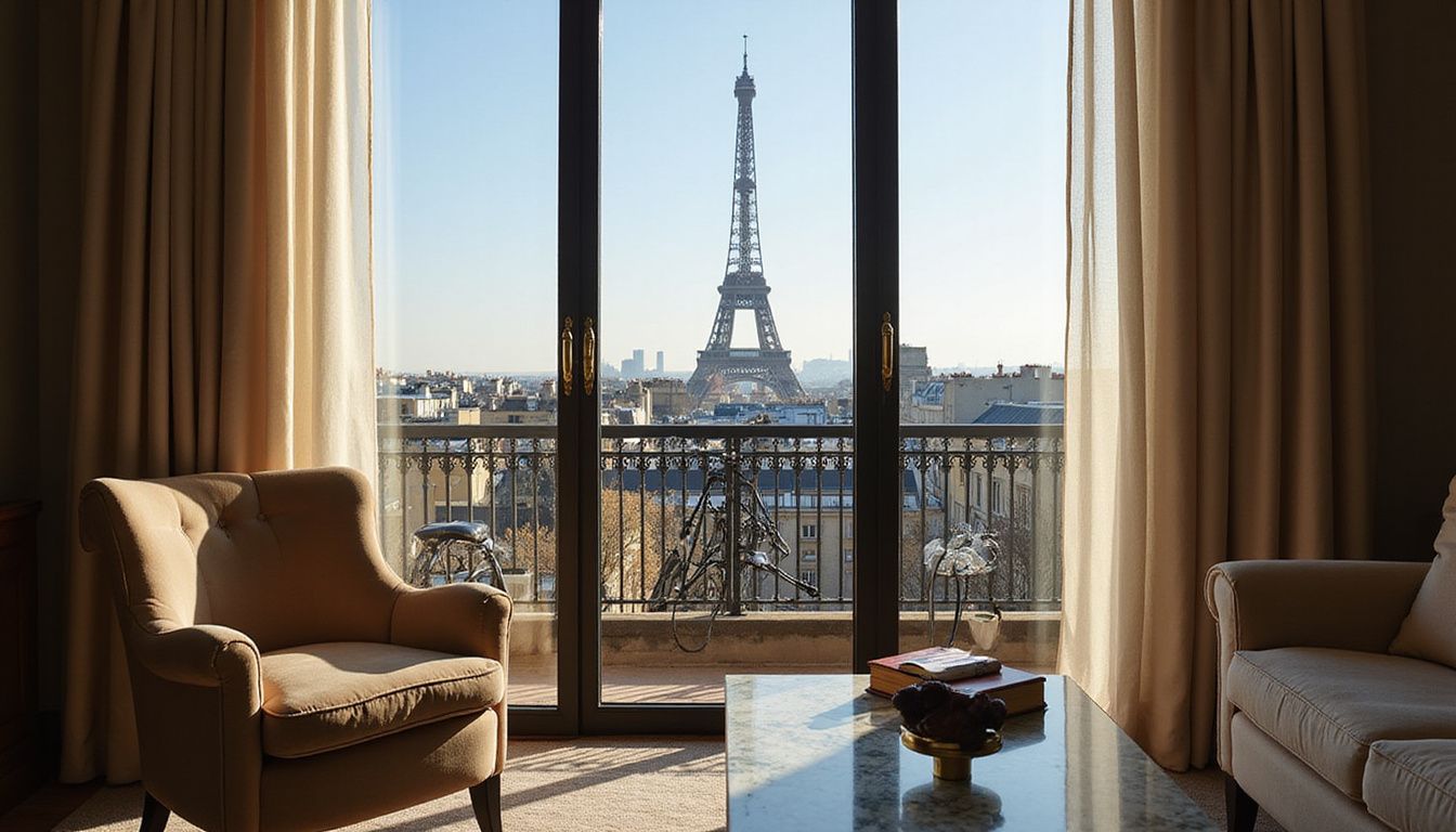Elegant Parisian hotel suite featuring classic decor and Eiffel Tower view.