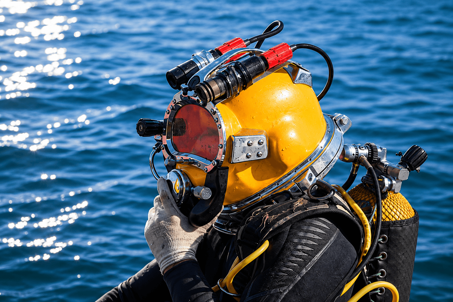 Commercial diver wearing a yellow underwater diving helmet and professional black diving suit, preparing for a marine service operation beside blue ocean water, with bright sunlight, detailed equipment, hoses, and high-resolution realistic lighting.