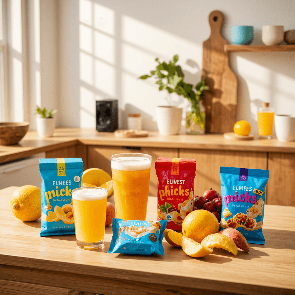 product photography of variety of flavored drinks and snacks