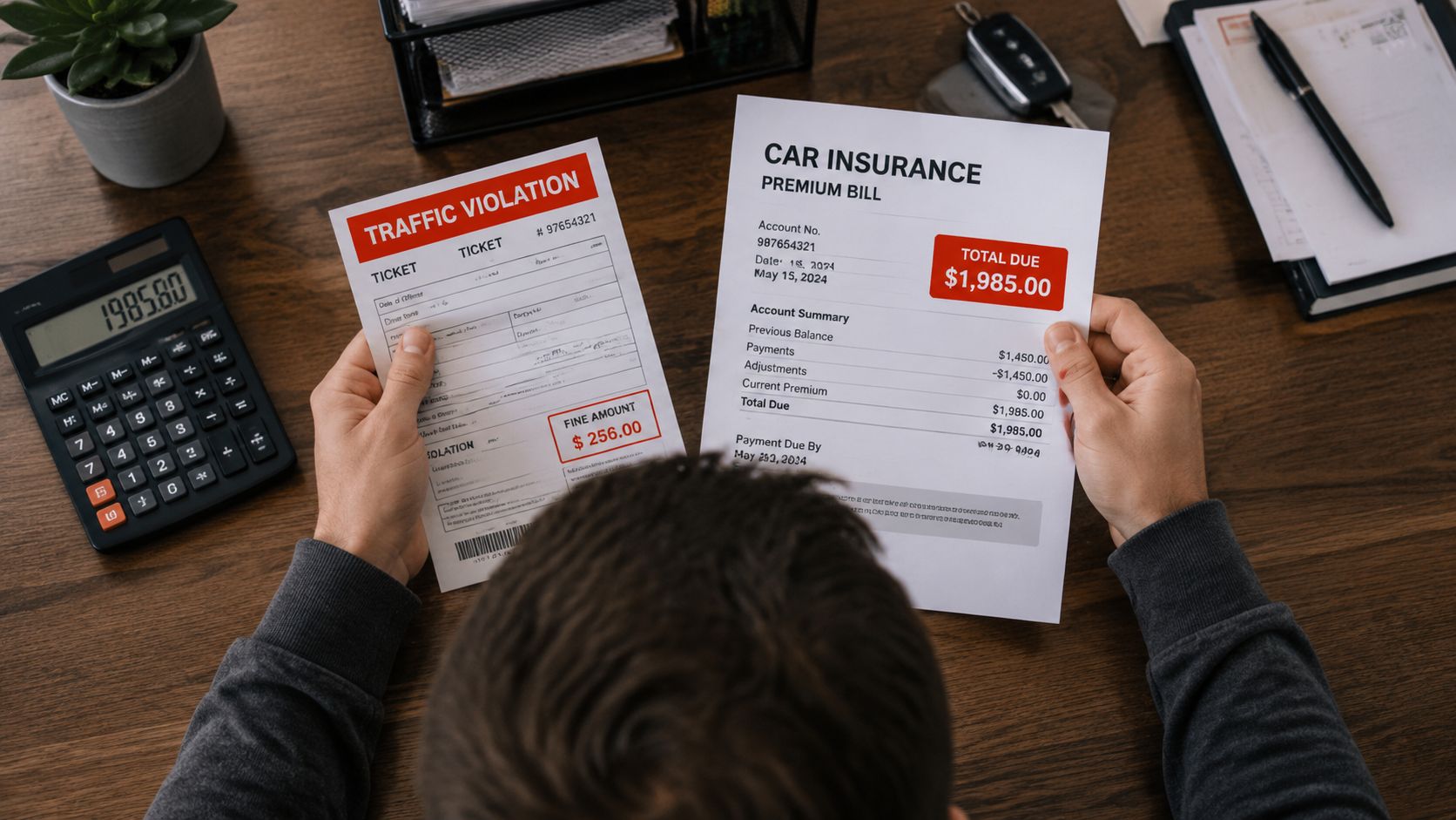 A person looking stressed while reviewing a traffic ticket and an expensive car insurance bill at their desk.