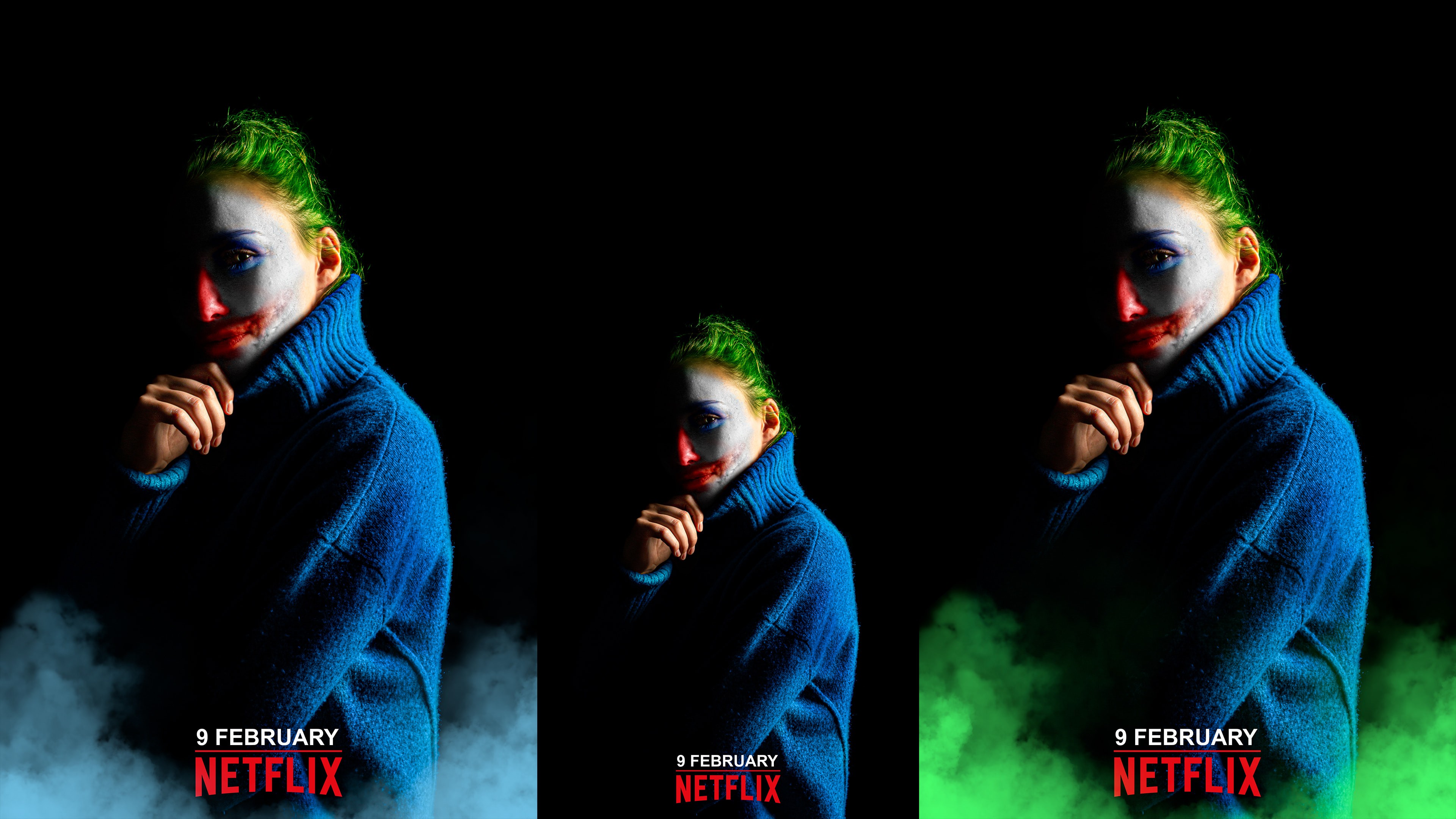 Dark editorial portrait of a woman in Joker-inspired makeup with bold yellow typography