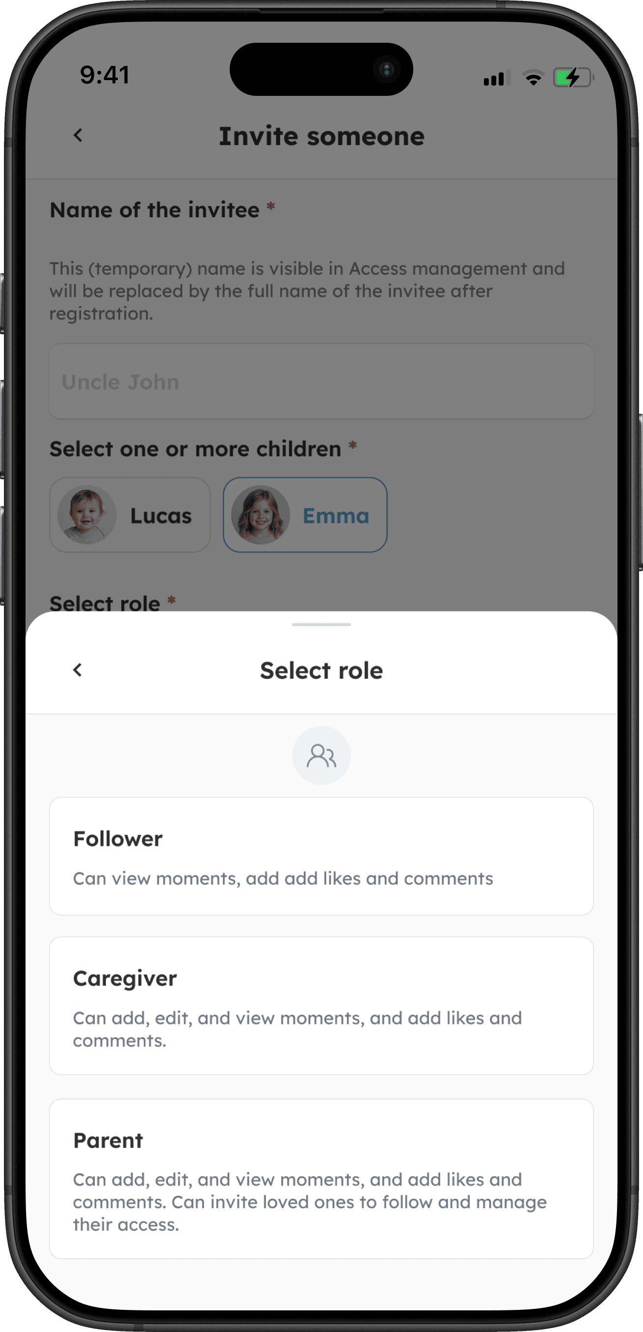 Screenshot to invite someone in babysteps
