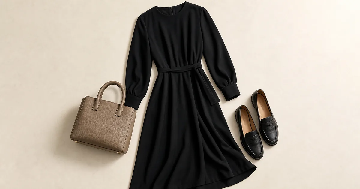 black dress + loafers + structured day bag arranged on a warm ivory background