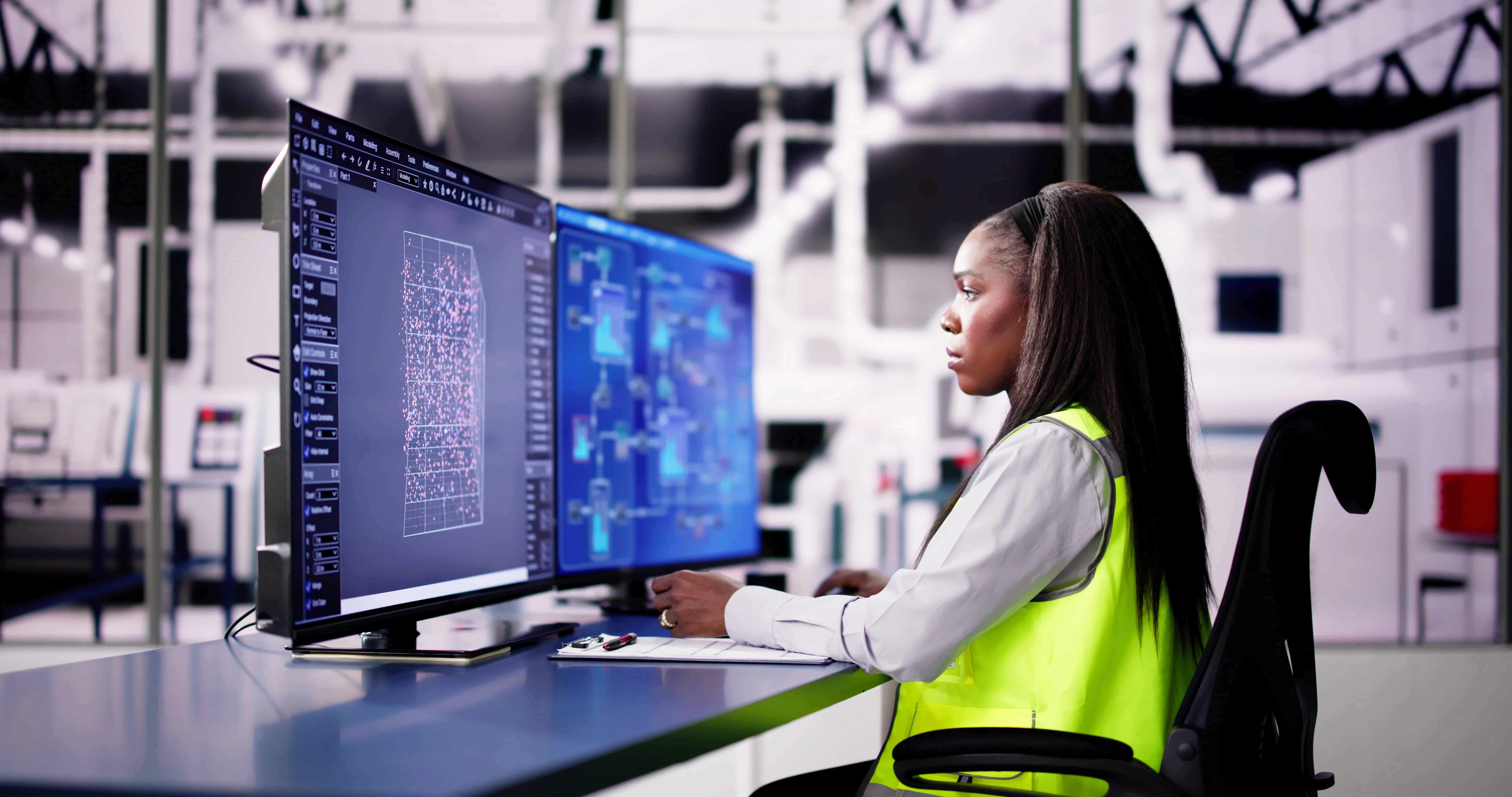Female engineer in control room with good ergonomics