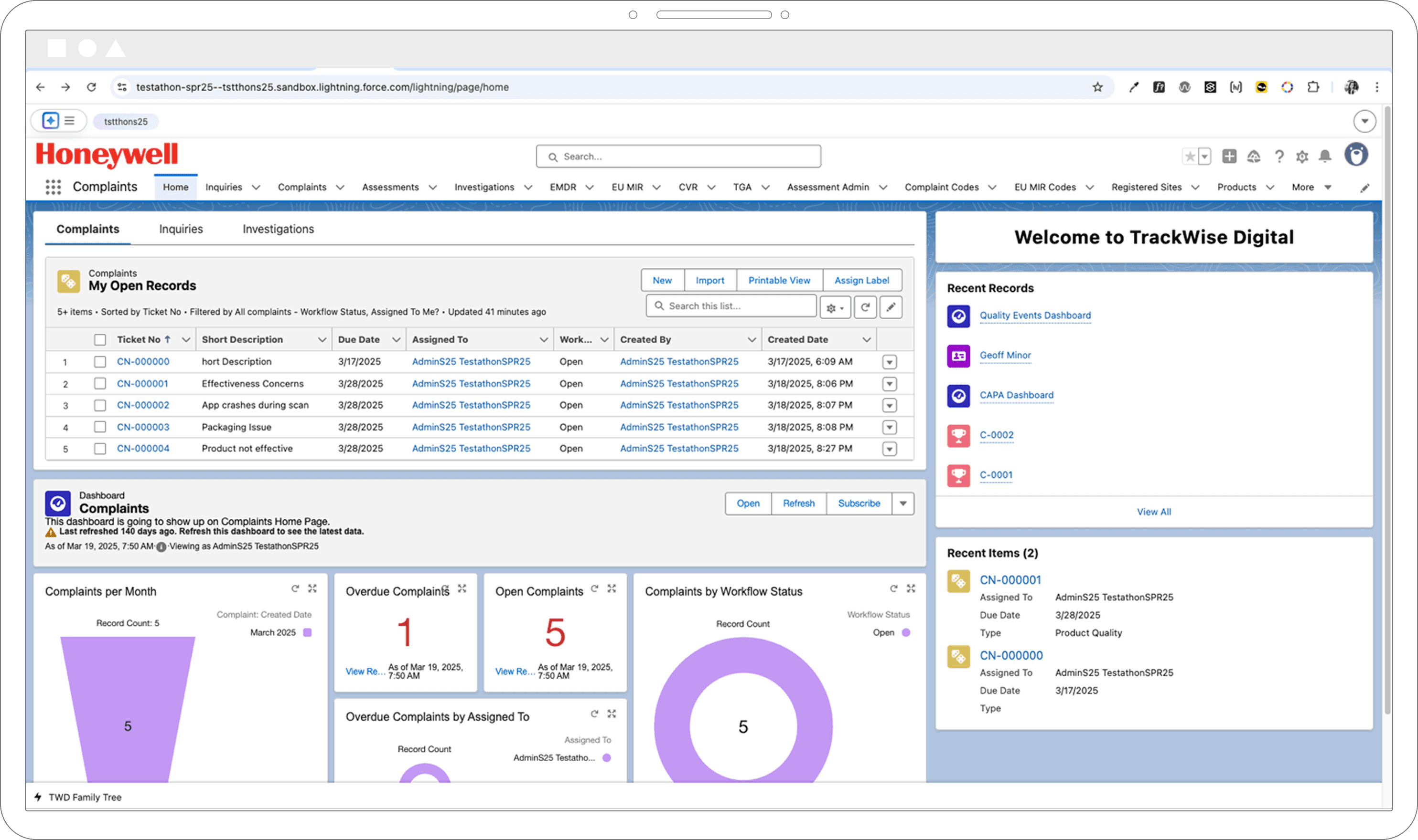 Sample of the Trackwise Digital products showing an environment in Salesforce