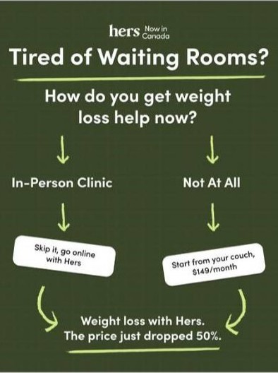 Hers static ad: tired of waiting rooms, clinic vs online