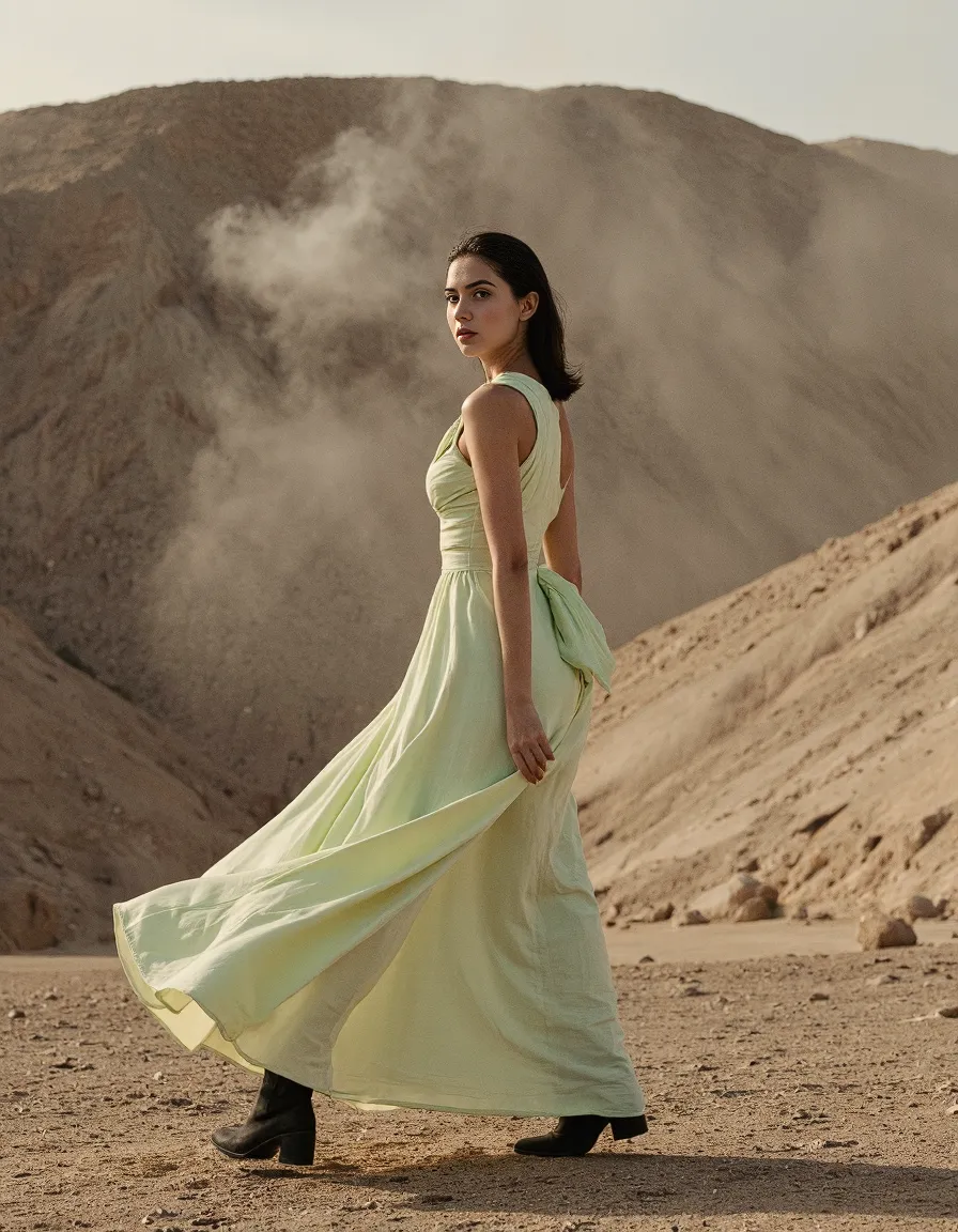 Elegant mint flowing dress contrasting against rugged desert landscape with dusty mountains and soft lighting creating dramatic editorial effect