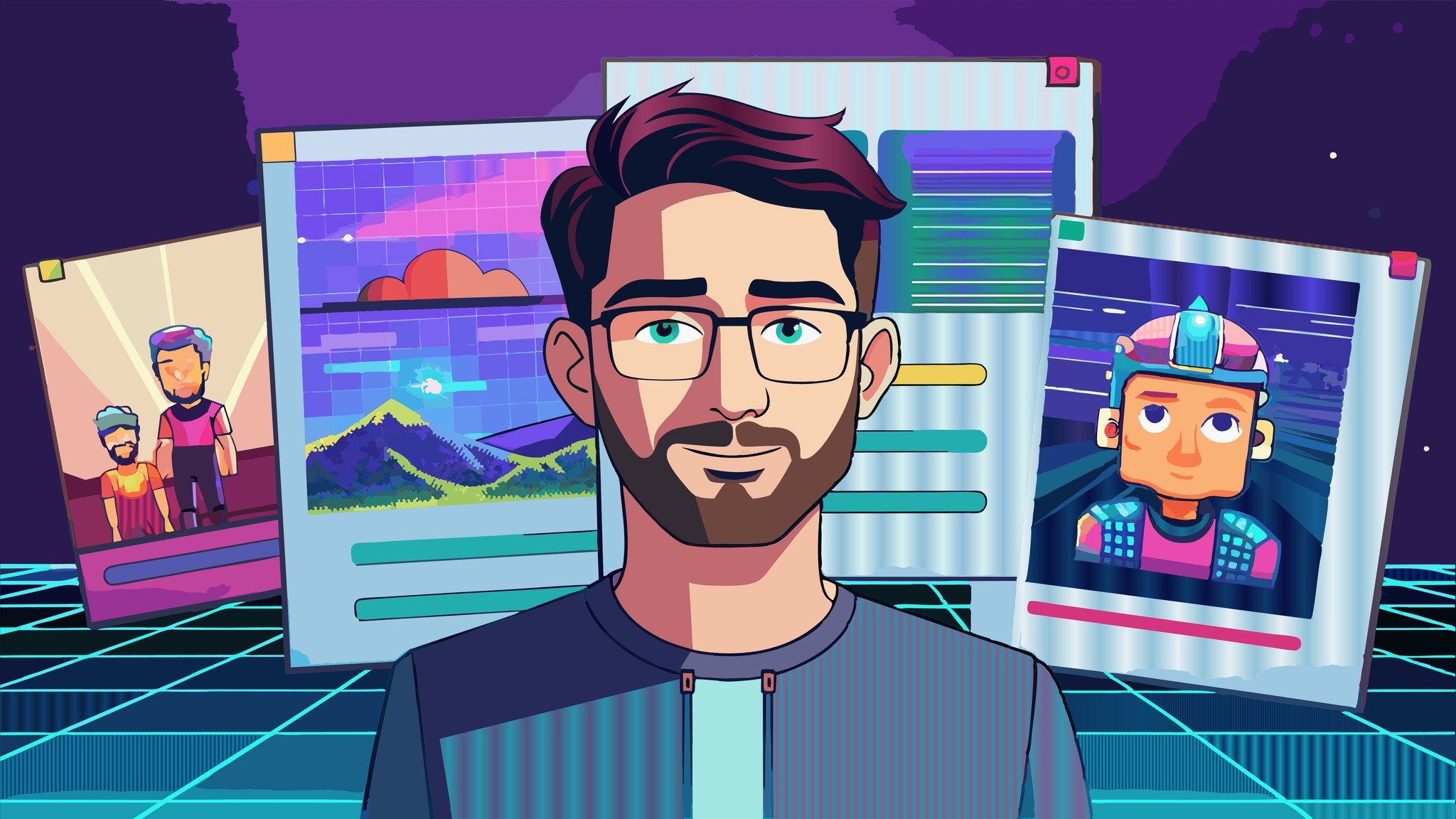 A bespectacled man with a beard stands amidst various video game images, showcasing his passion for gaming culture.