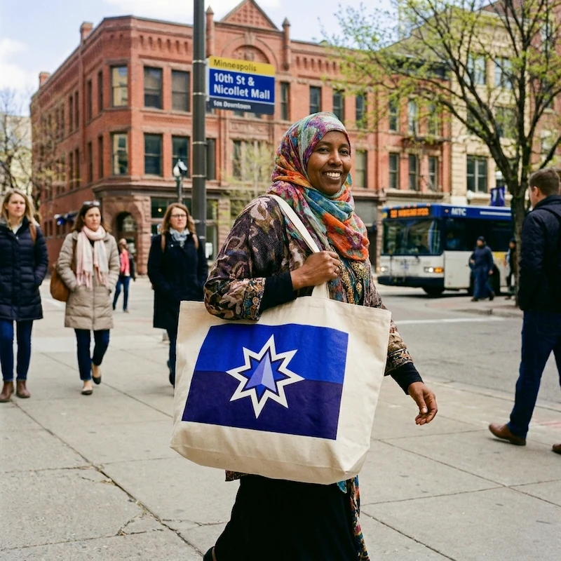 A Somali-American woman walks confidently down a Minneapolis sidewalk carrying a large canvas tote bag printed with the new Minnesota flag design featuring the eight-pointed star mark.