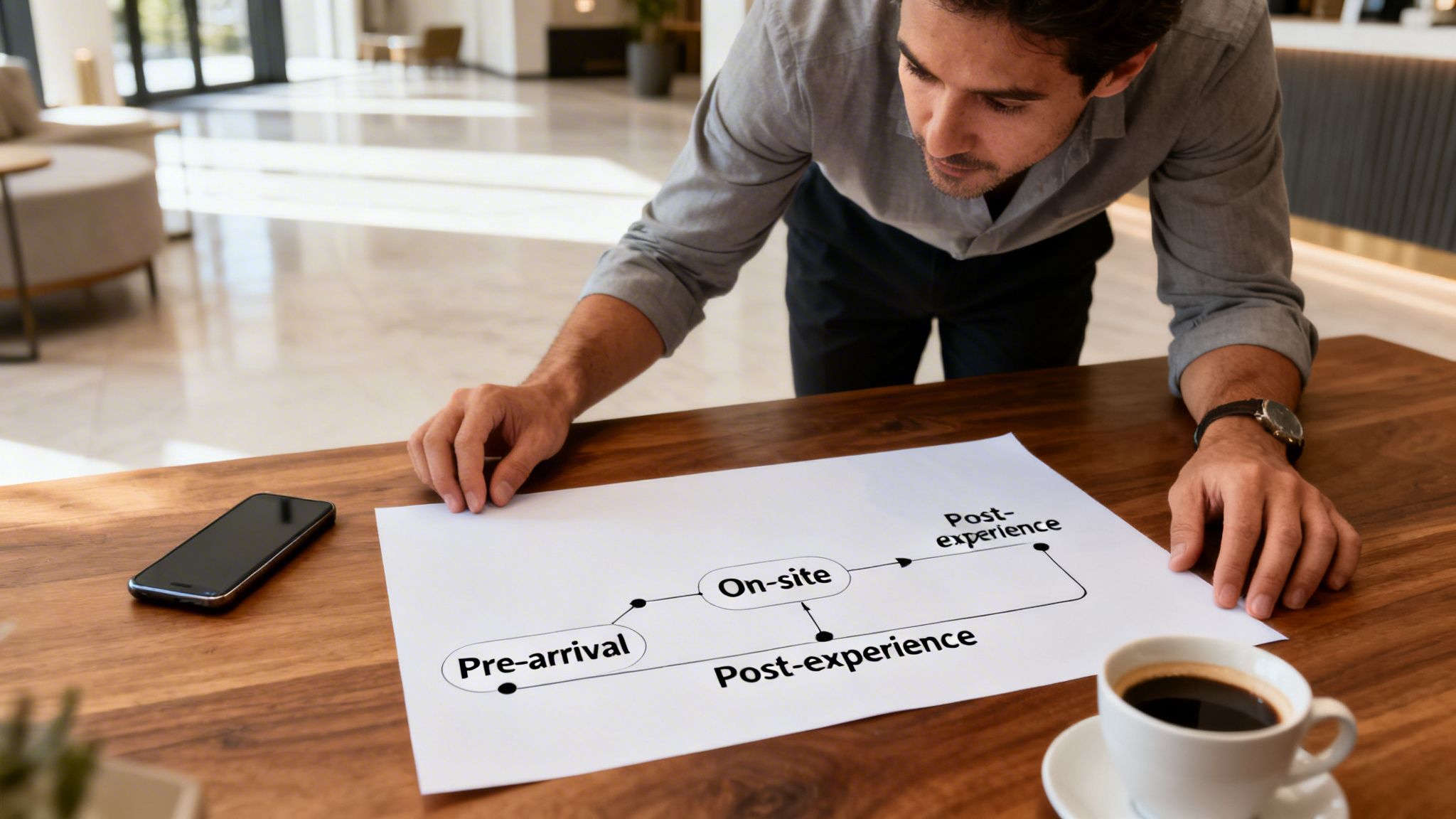 Man studying a customer journey map on paper displaying 'Pre-arrival', 'On-site', and 'Post-experience' stages.