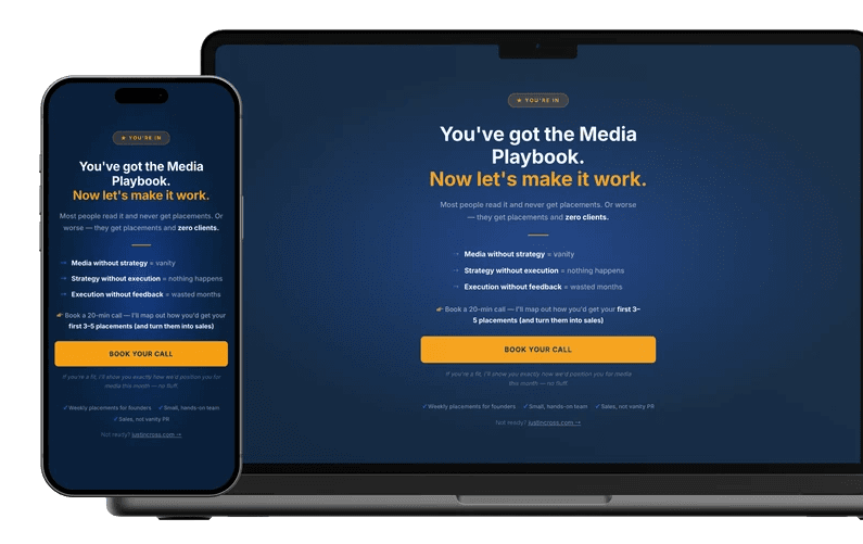 Justin Cross Media mockups of the site on mobile and desktop