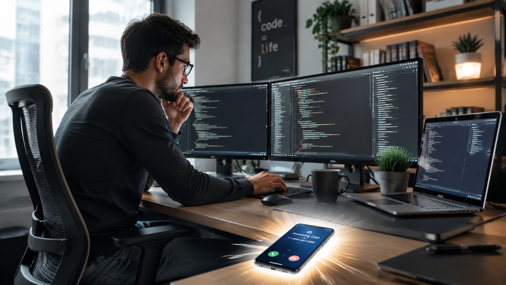 A software developer working at a desk with multiple monitors while a glowing smartphone rings nearby.