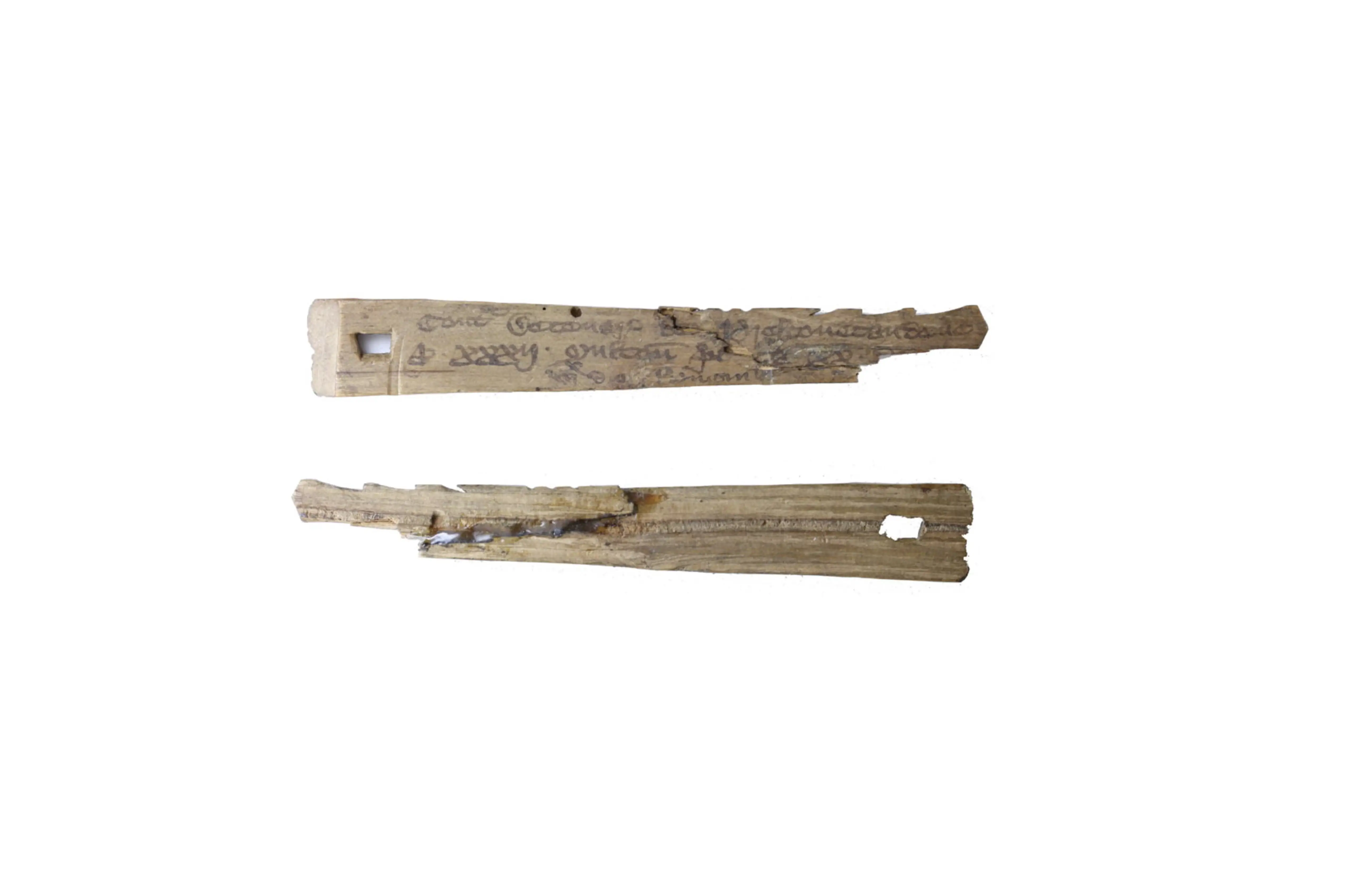 Two surviving English Exchequer tally sticks, wooden financial records whose matching halves were used to verify payments and obligations.