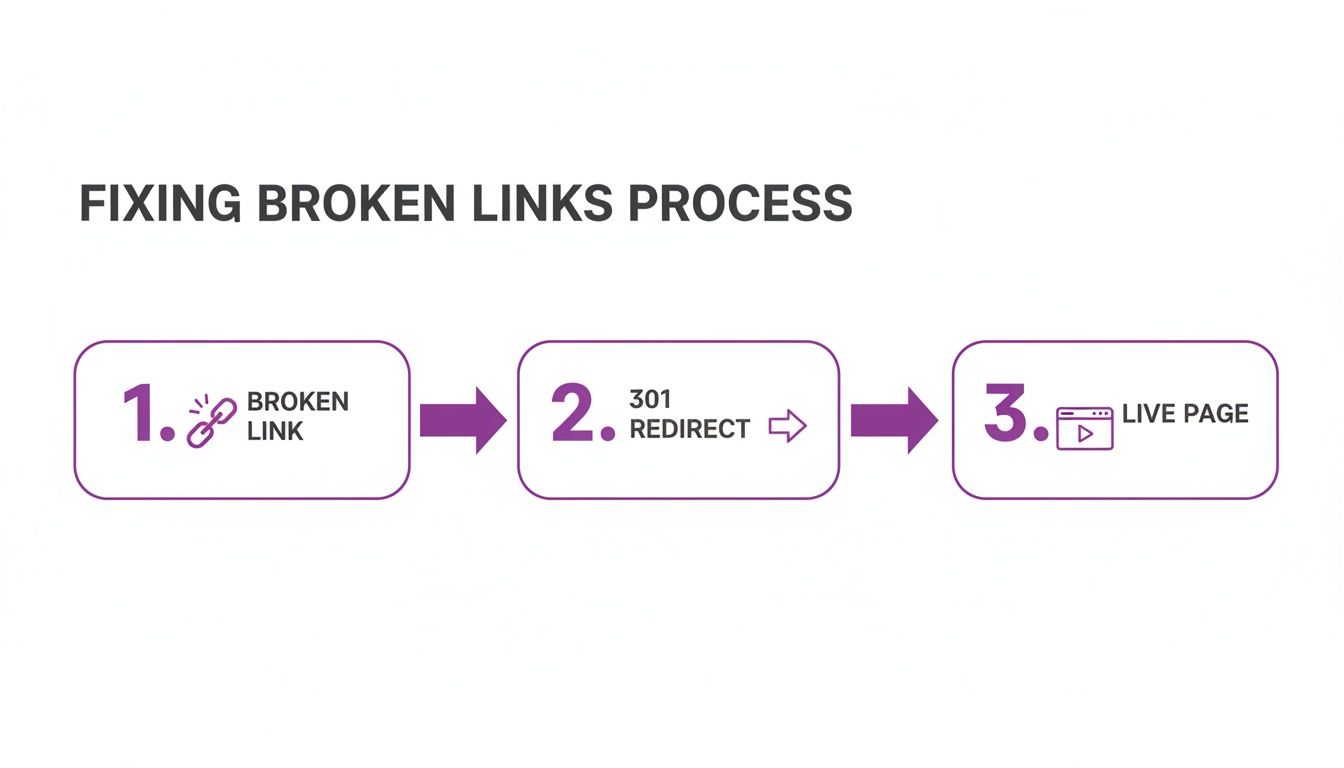 A diagram illustrating the process of fixing broken links: from broken link to 301 redirect and live page.