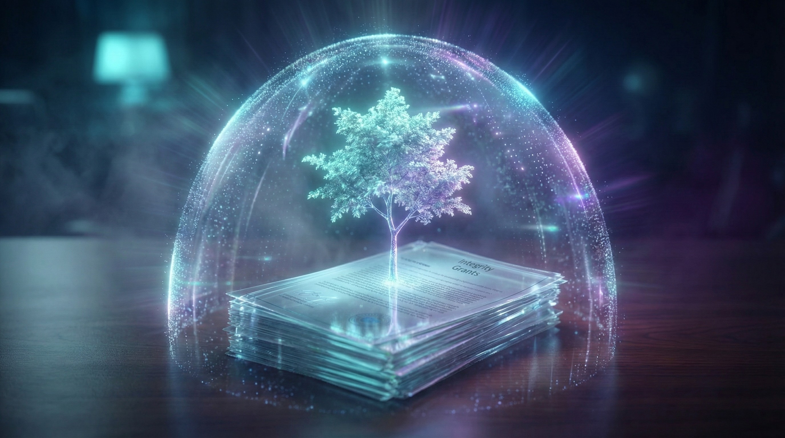 The image features an intricate network of white, web-like structures set against a deep blue background.