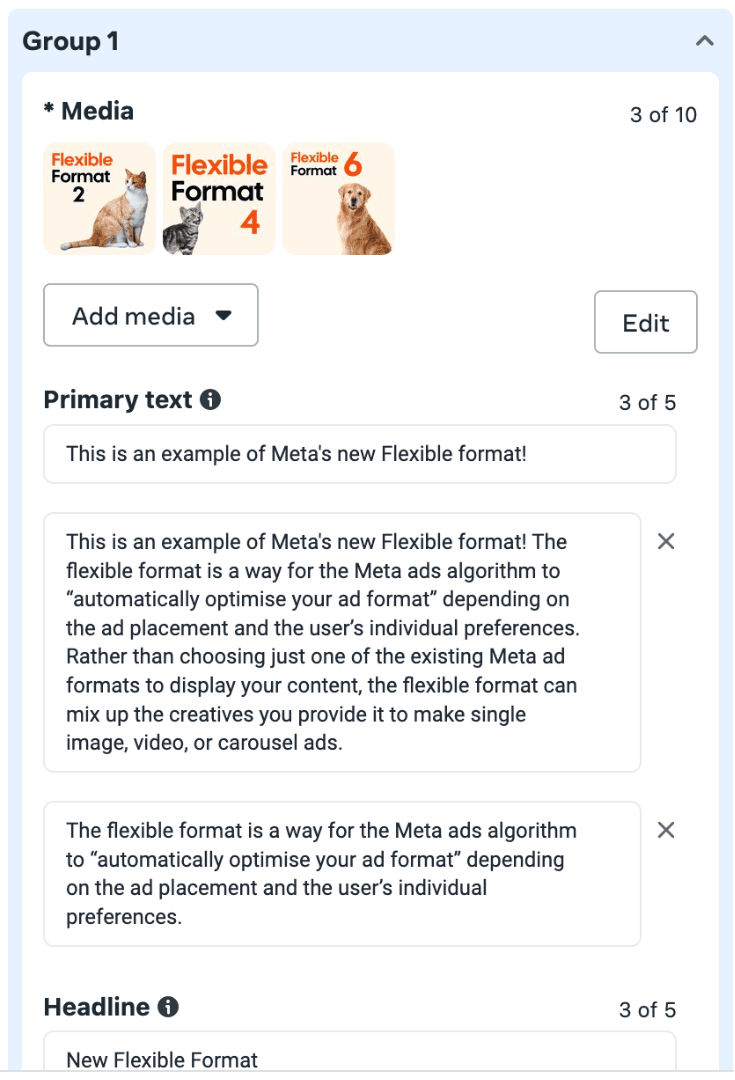 Settign up groups in Meta ads manager using the flexible format