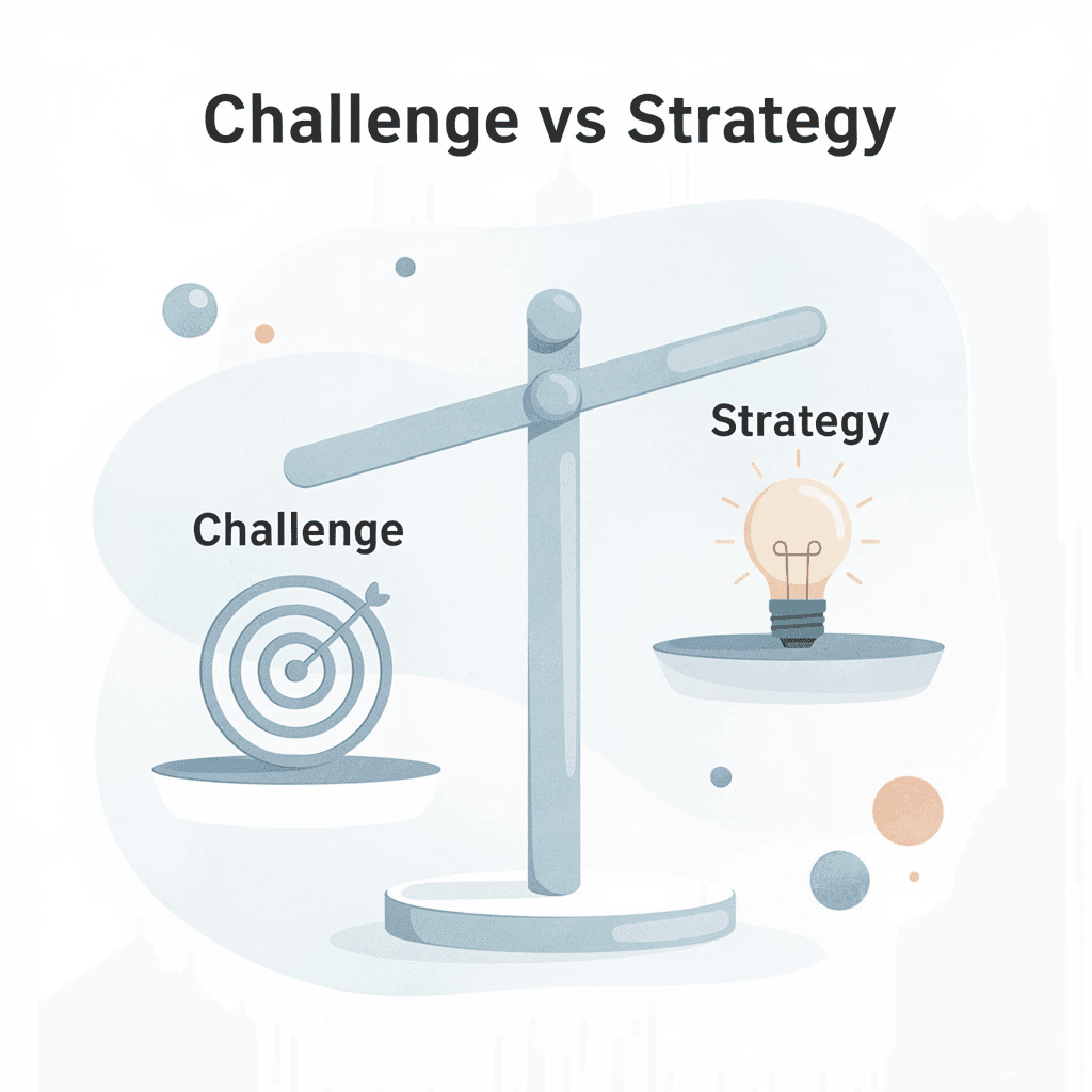 Balance scale comparing challenge selection and trading strategy
