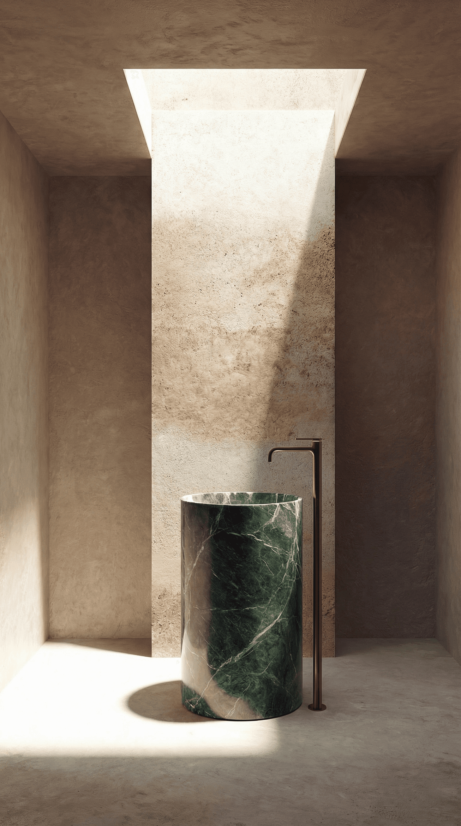 Minimalist powder room with cylindrical green marble pedestal sink, bronze tap and skylight, soft shadow lighting