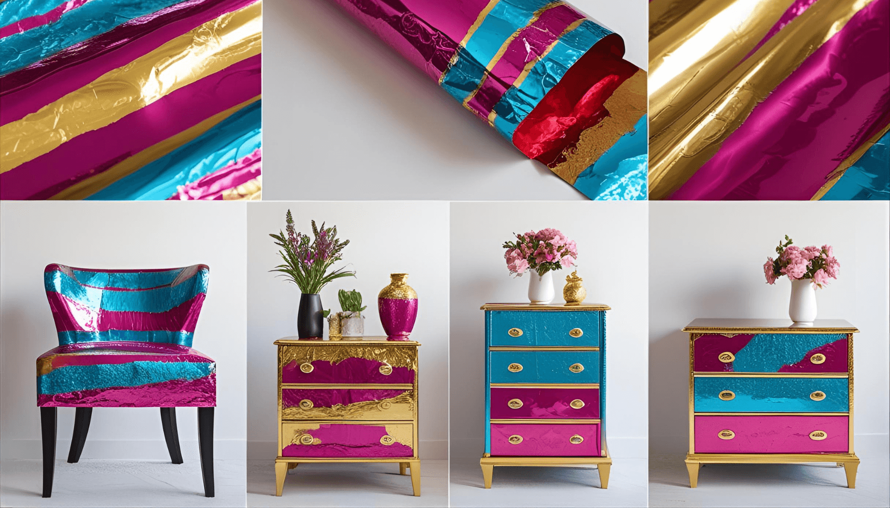 Bunte Möbelfolie in Pink, Blau und Gold auf Stuhl und Kommode mit Blumenarrangement.