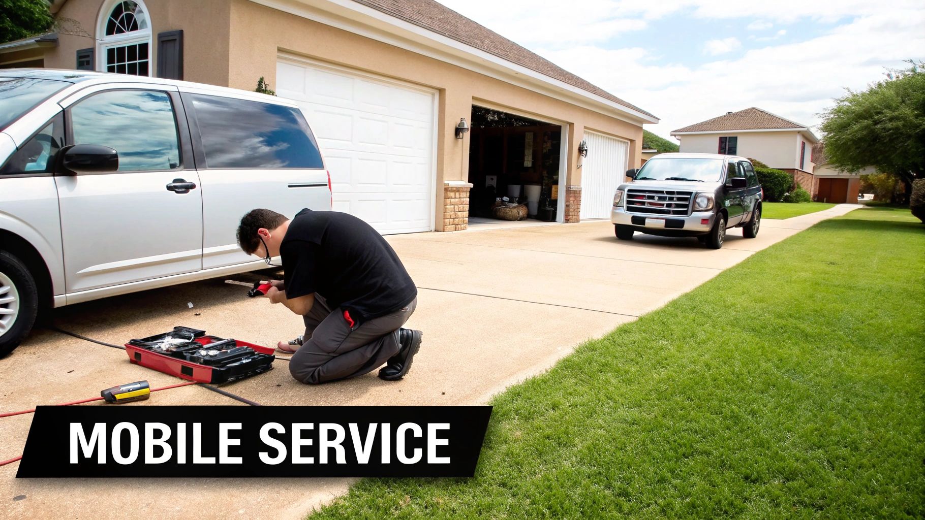 A mobile mechanic works on a white minivan in a driveway, with a toolbox nearby.