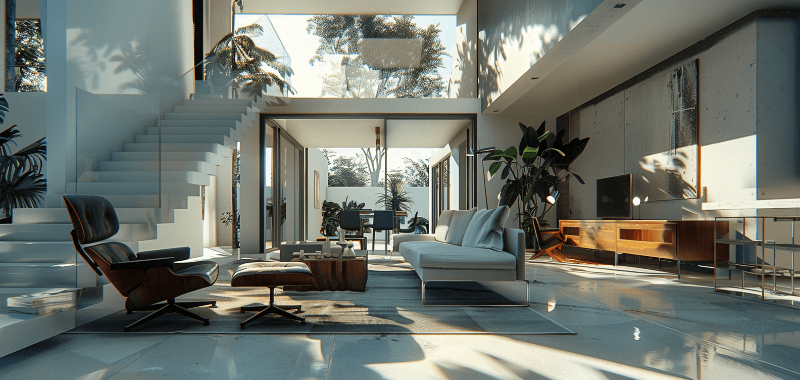 A serene bedroom with purple tones, a minimalist bed, wooden nightstands, and soft natural lighting.