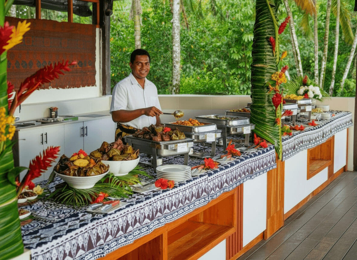 Fijian man serves food at a buffet traditional dishes and cuisine
