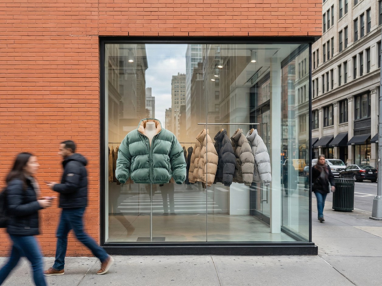 Exterior view of a Supreme clothing store with a modern puffer jacket display in a busy metropolitan shopping district.