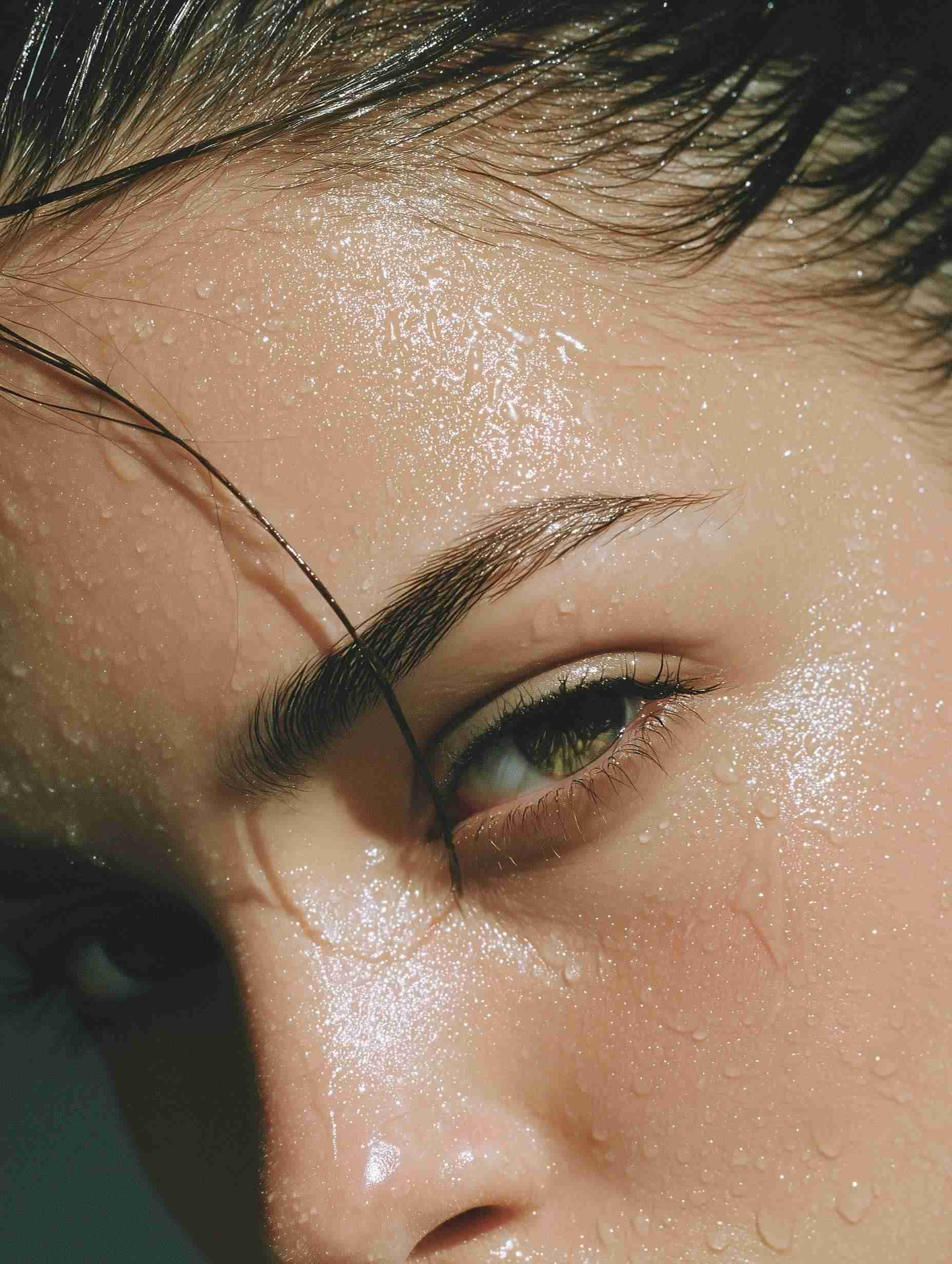Woman's face close-up with dewy skin and sparkle
