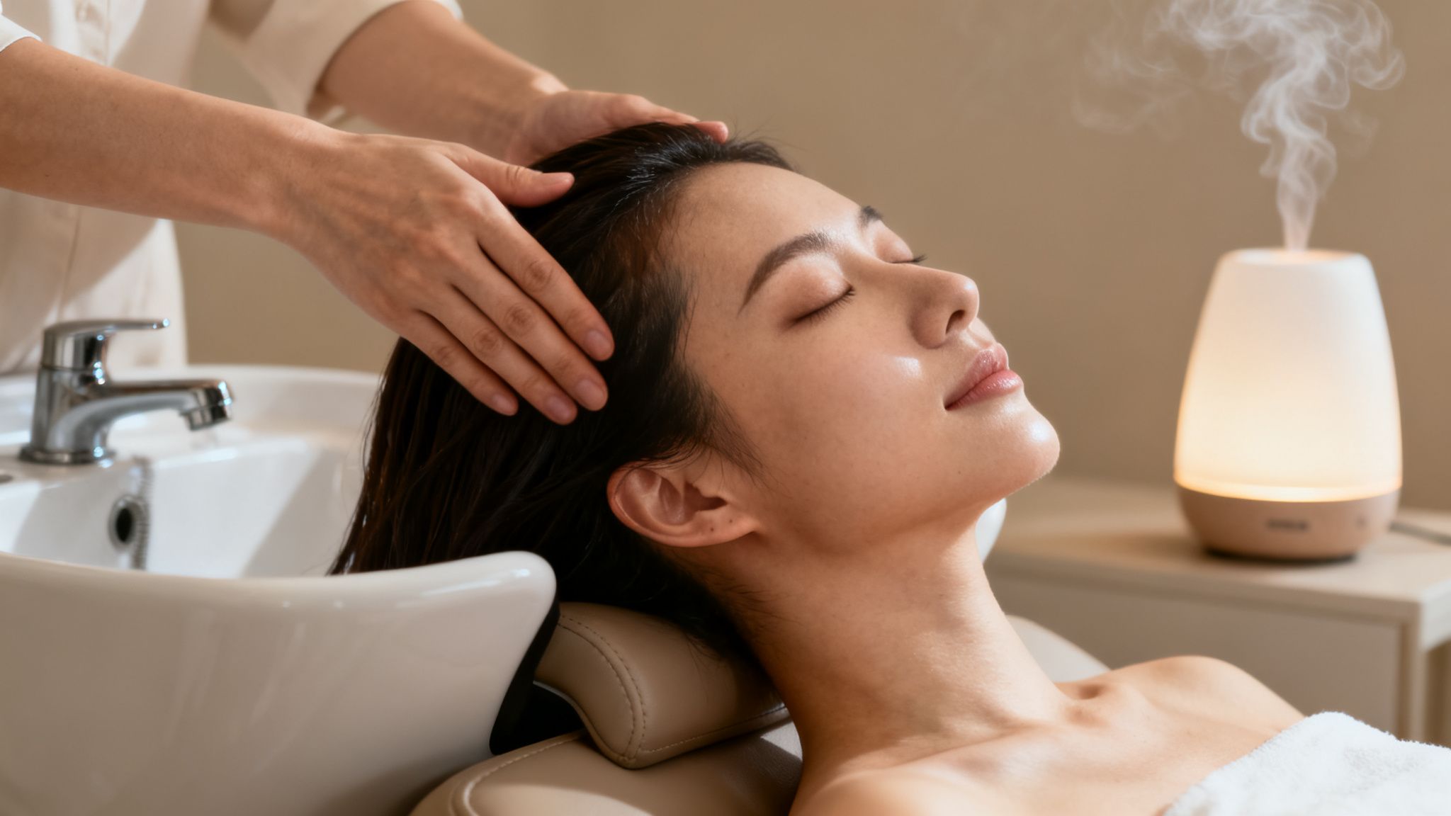 A woman enjoying a relaxing head spa treatment, receiving a gentle head massage with a diffuser.