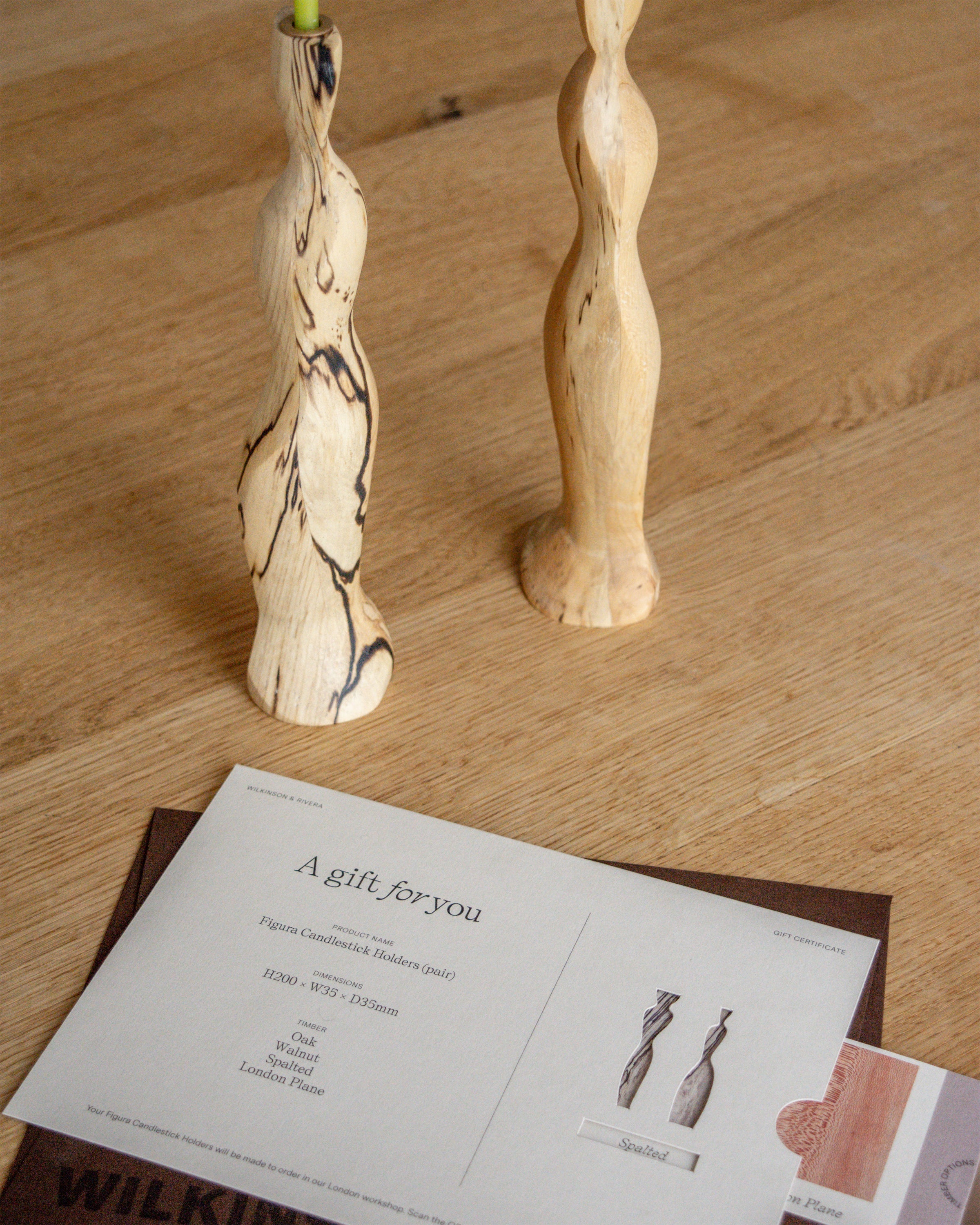Figura Candlestick Holders in Spalted timber with matching Wilkinson & Rivera gift card.