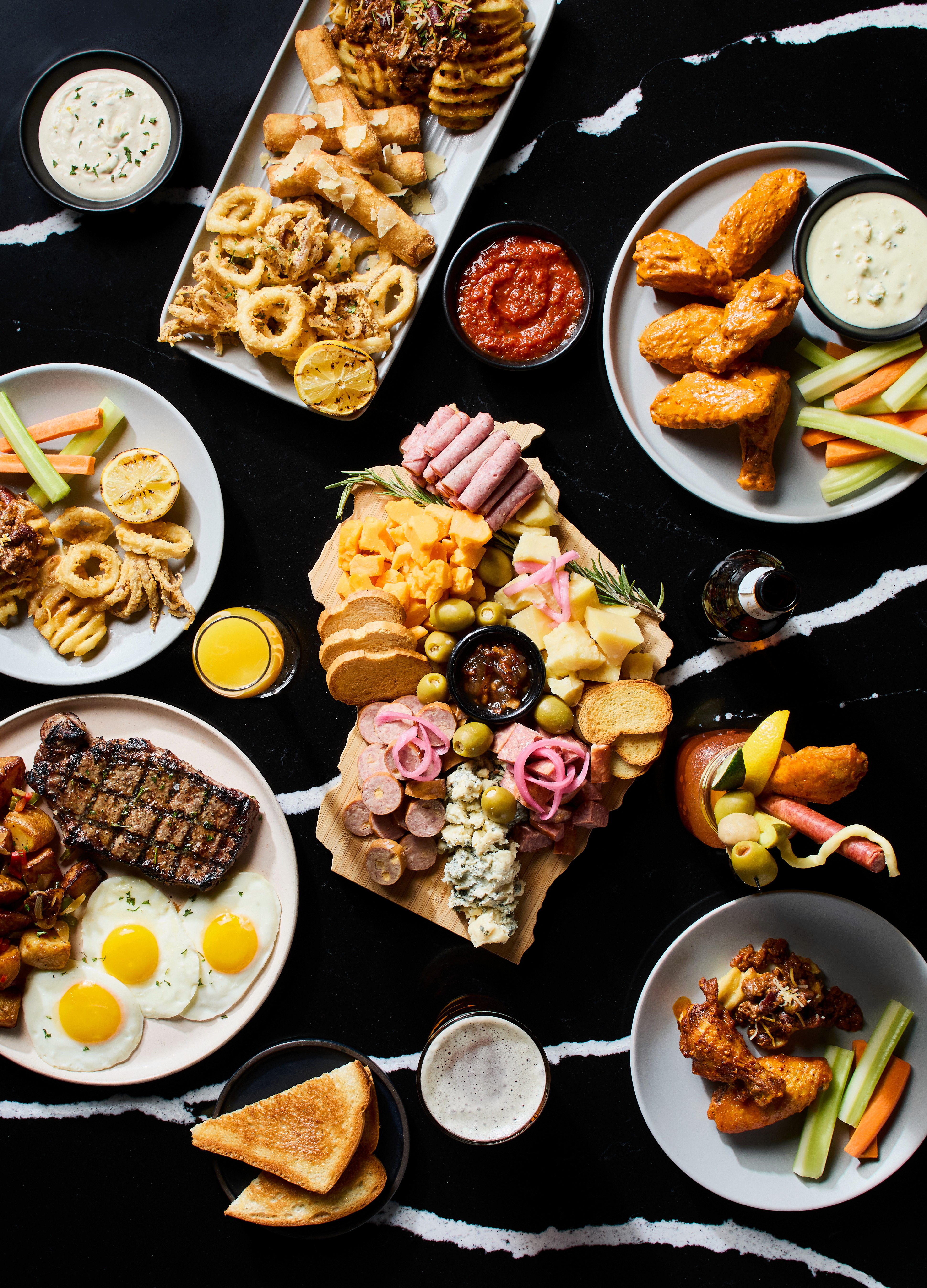 Aerial view of a table with various food items