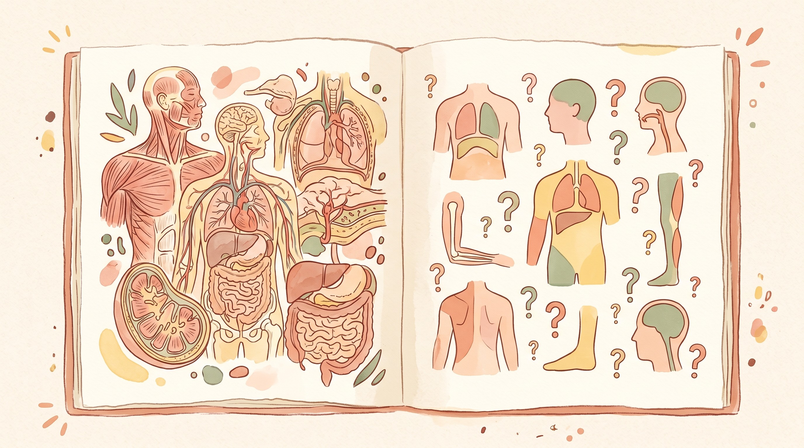 Open anatomy book with detailed and simplified pages