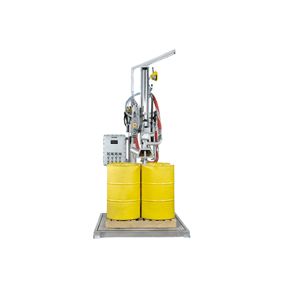 A semi-automatic, explosion-proof filling machine for drums and IBCs, the Semi-Auto Ex-Proof Pallet IBC Drum Filler, for industrial use in Malaysia.