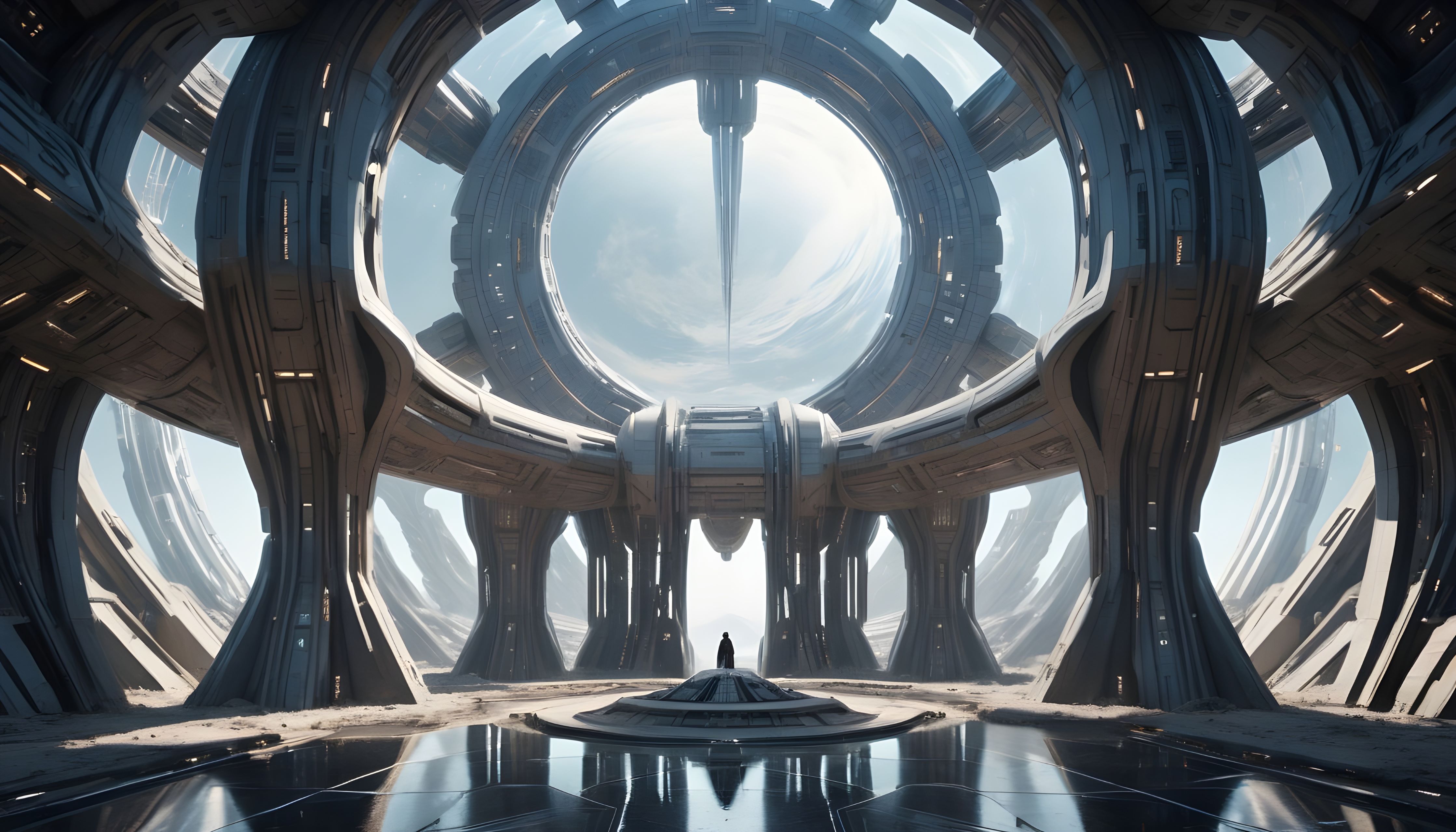 An interior view of a grand futuristic sci-fi building that has thick organic columns and a shrine in the centre of the space