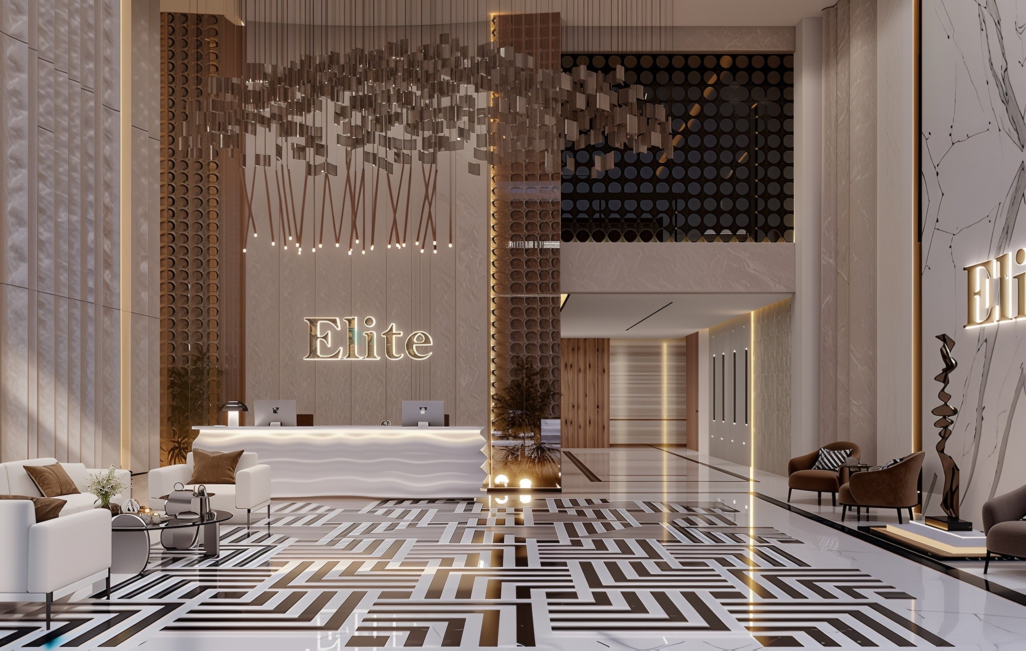 Modern apartment interior rendering from Radiant Elite Towers, featuring stylish decor and open living spaces.