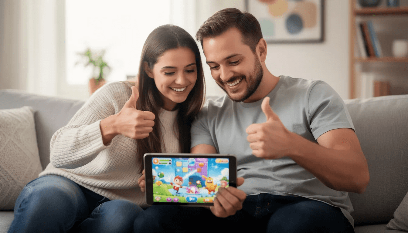 Two people are sitting together, enthusiastically looking at a tablet screen that displays a colorful game, giving thumbs up gestures. This scene captures the engaging experience of game development, showcasing creativity and fun as they interact with the vibrant visuals and characters on the device.