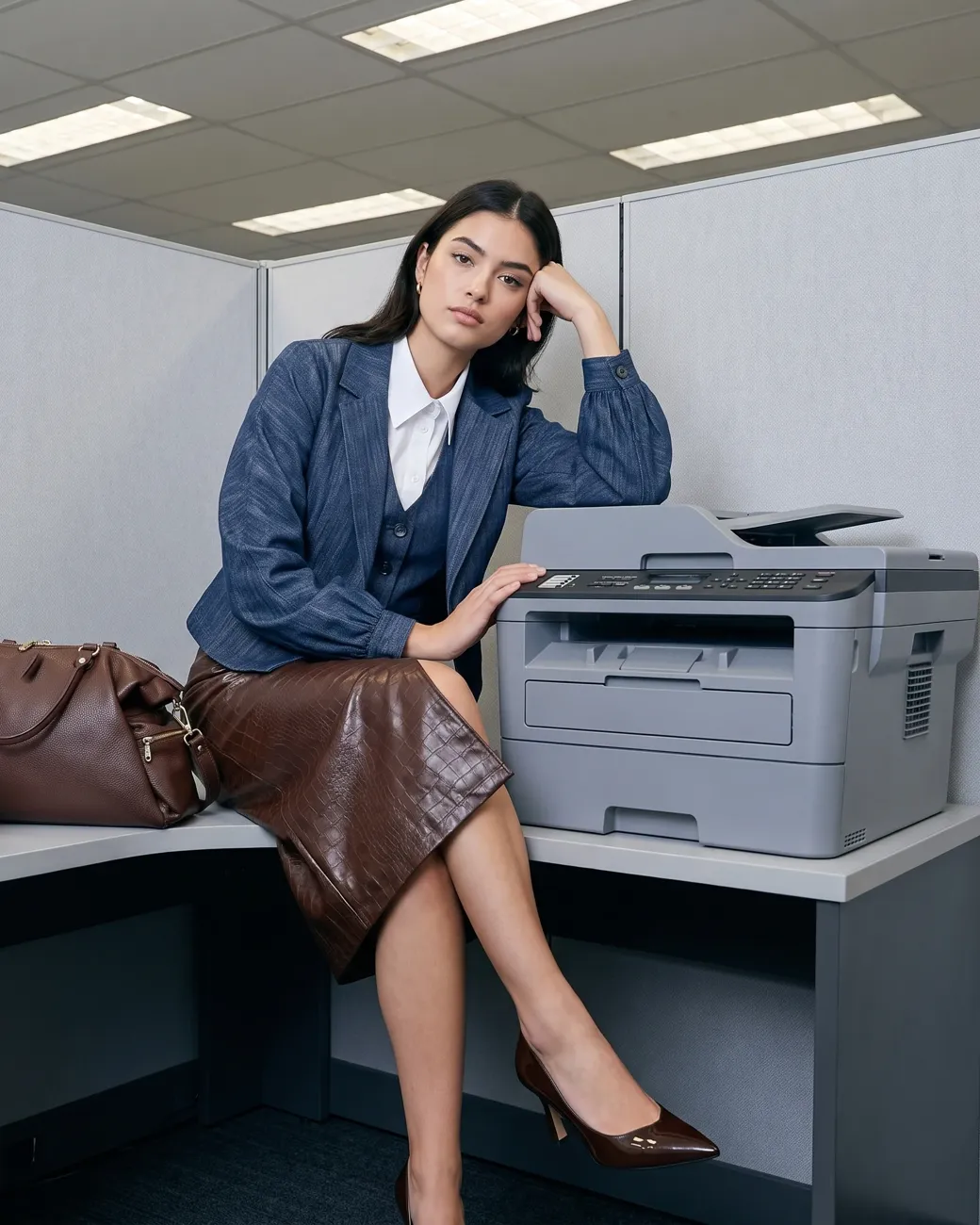 Ragazza in ufficio seduta sulla scrivania accanto a una stampante, blazer blu e gonna in pelle effetto cocco