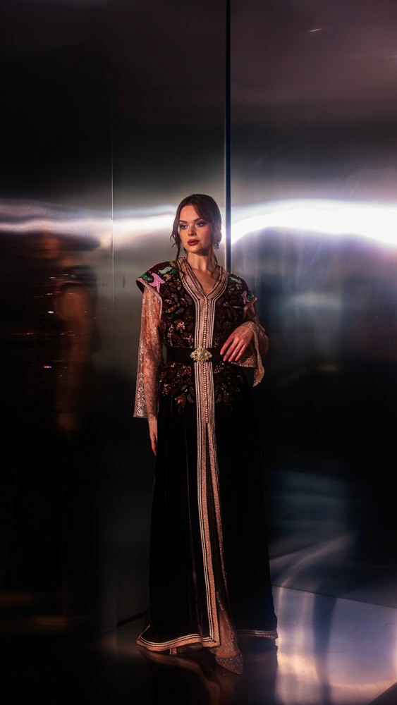 Umber Velour Moroccan caftan with intricate handmade detailing, luxury evening couture piece for Bahrain