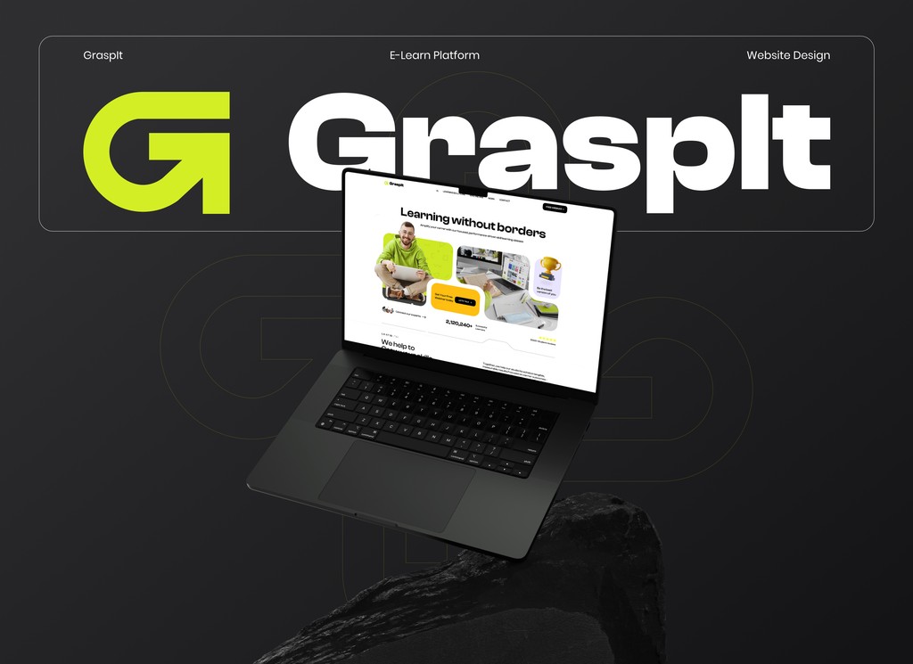 A sleek laptop displaying a modern e-learning platform with vibrant graphics, positioned in front of a dark, minimalist background featuring the bold text "GraspIt" and a vibrant green logo, emphasizing digital learning and innovative web design.