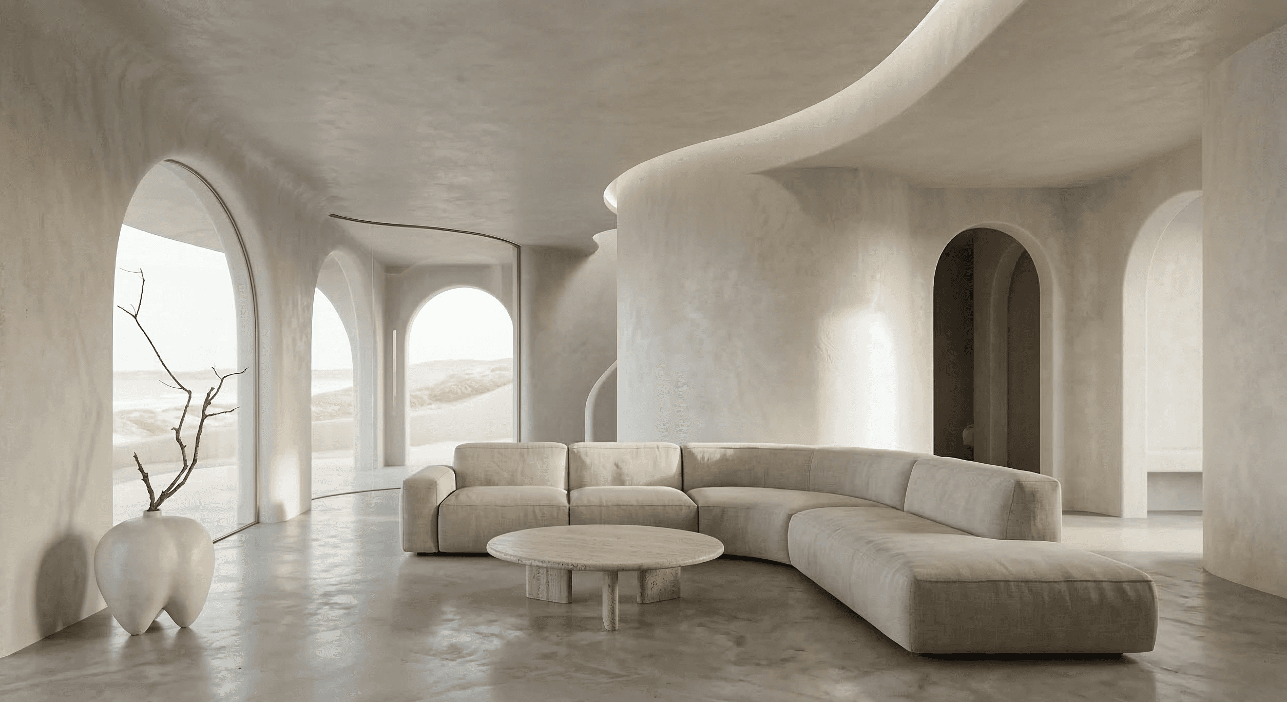 Modern staircase with glass balustrade, walnut flooring, and large windows overlooking a forest.